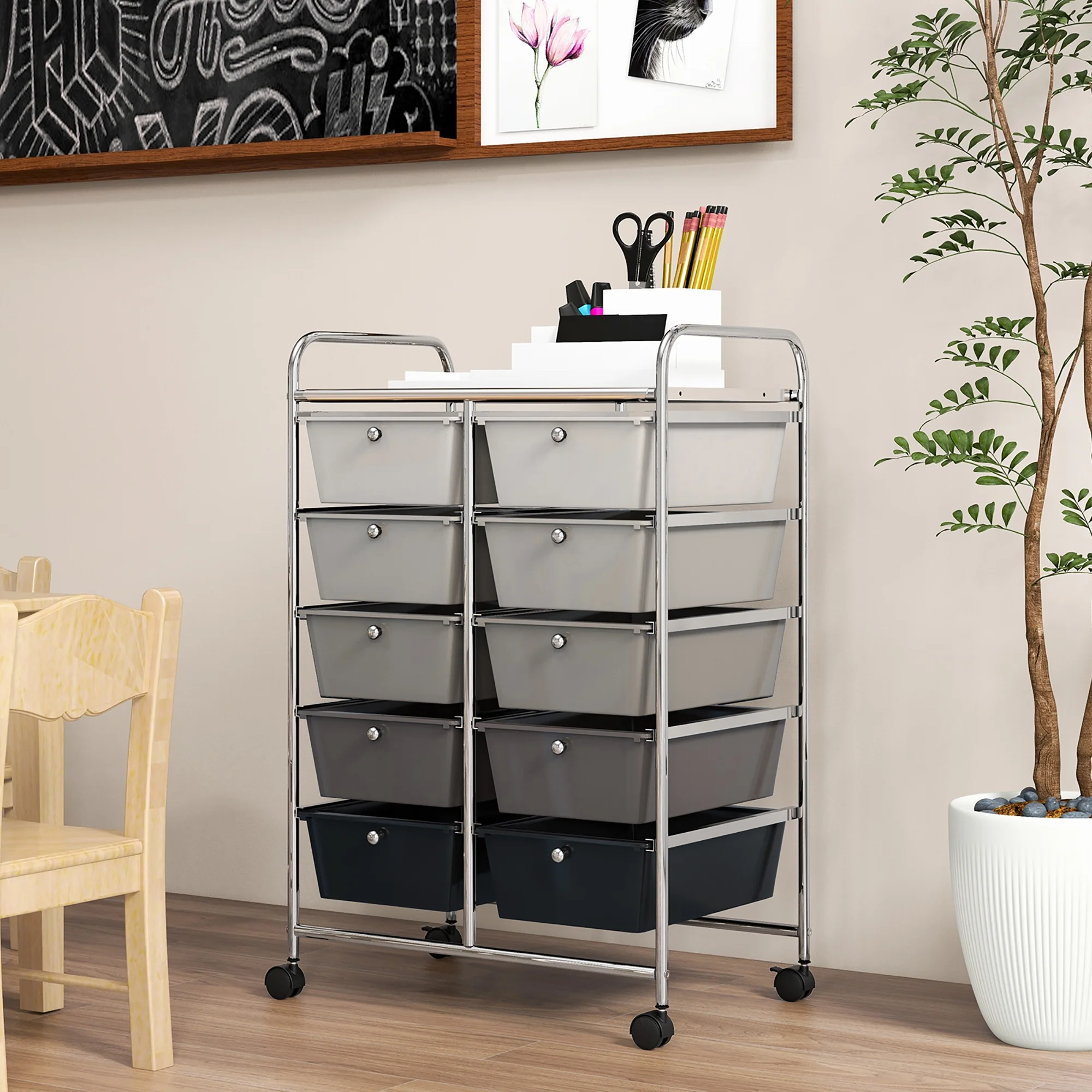 Gymax 10-Drawer Rolling Storage Cart Tools Scrapbook Paper Organizer on Wheels Black Gradient