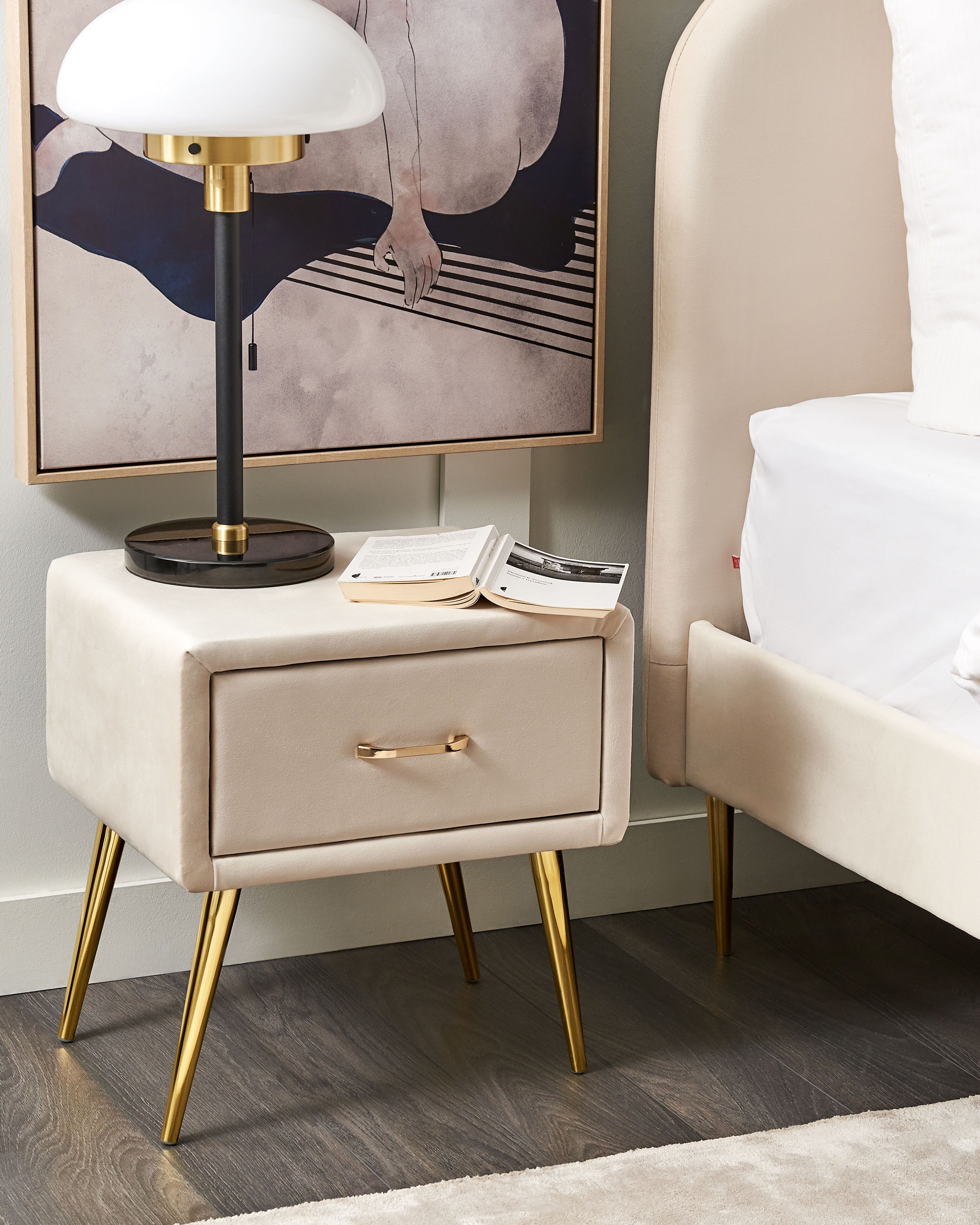 1 Drawer Bedside Table FLAYAT Velvet Light Beige