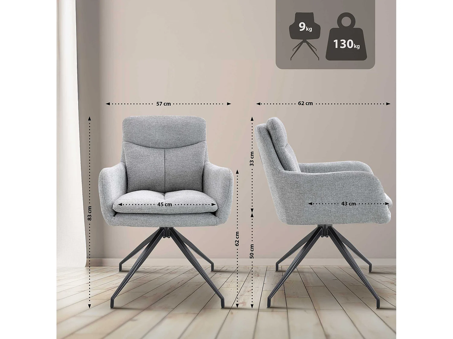 Lot de 2  chaise salle à manger - Tissu - Gris clair - Somers