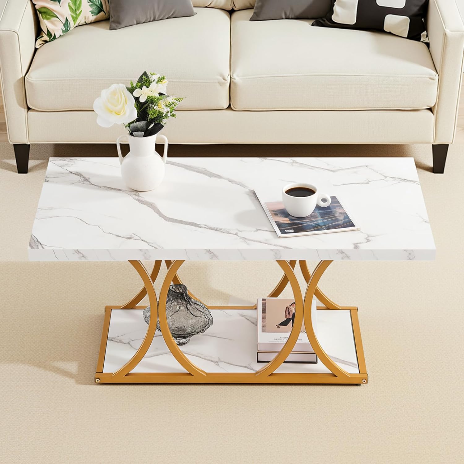 VEVOR Coffee Table, Modern Faux Marble Coffee Table, 2-Tier Rectangle Center Desk with Geometric Legs, Minimalist Sturdy Metal Frame Accent End Desk for Living Room, Office, Easy Assembly, White