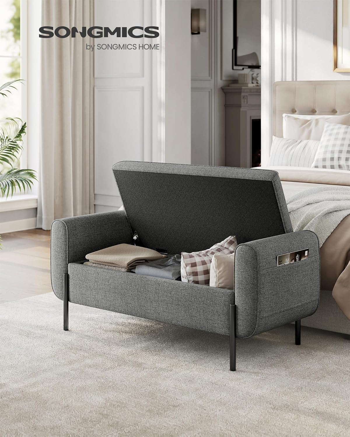 SONGMICS 46.5" Storage Ottoman Bench Storage Bench Bedroom Bench 330lb Load Capacity Solid Wood Legs Light Gray - Image 27
