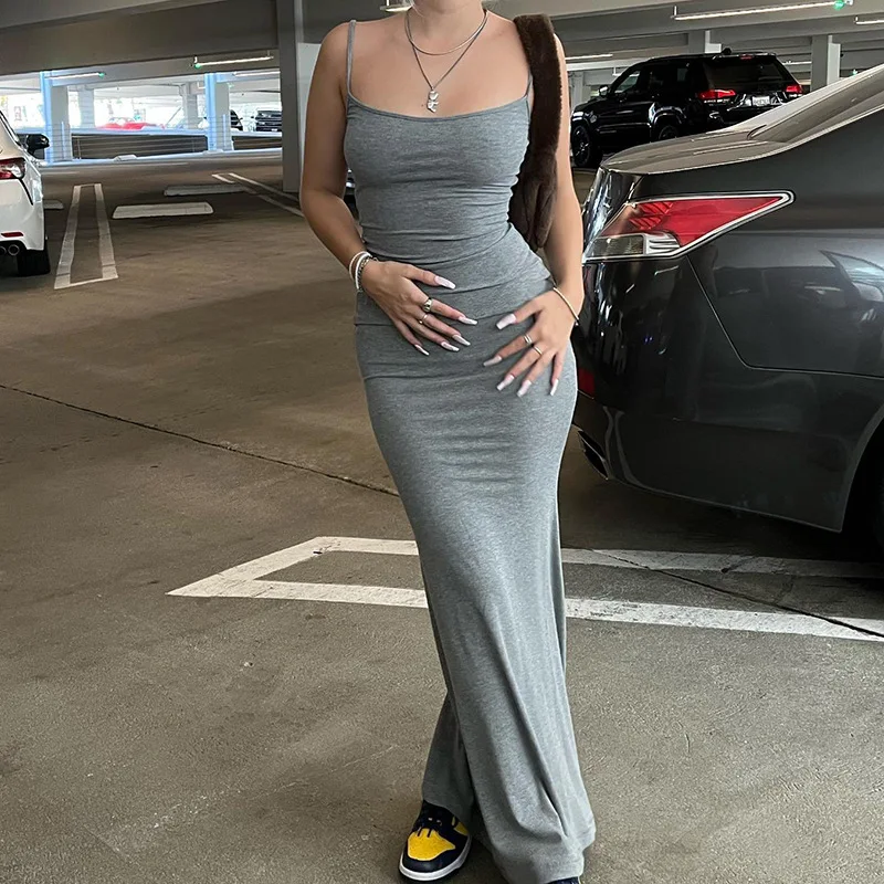 Dresses For Women 2025 Sexy Spaghetti Strap Black Long Dress Evening Y2k Sleeveless Solid Skinny Bodycon Maxi Vestidos - AZJHJ