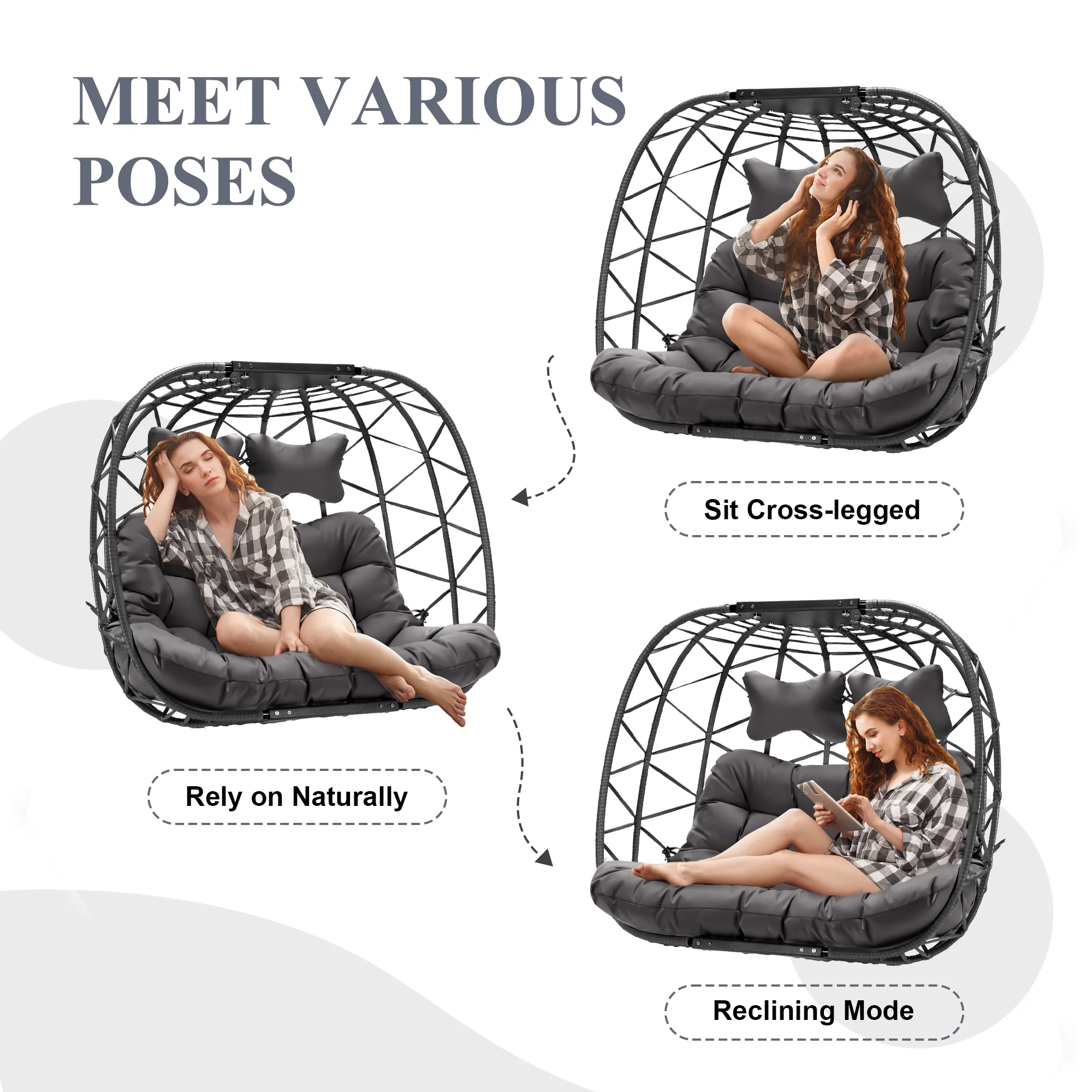 RADIATA Double Wicker Egg Swing Chair with Stand, 2-Person Hanging Egg Chair for Indoor/Outdoor, 700lbs Capacity, Thick Cushions & Headrest,Sturdy Metal Frame��Dark Gray - Image 8