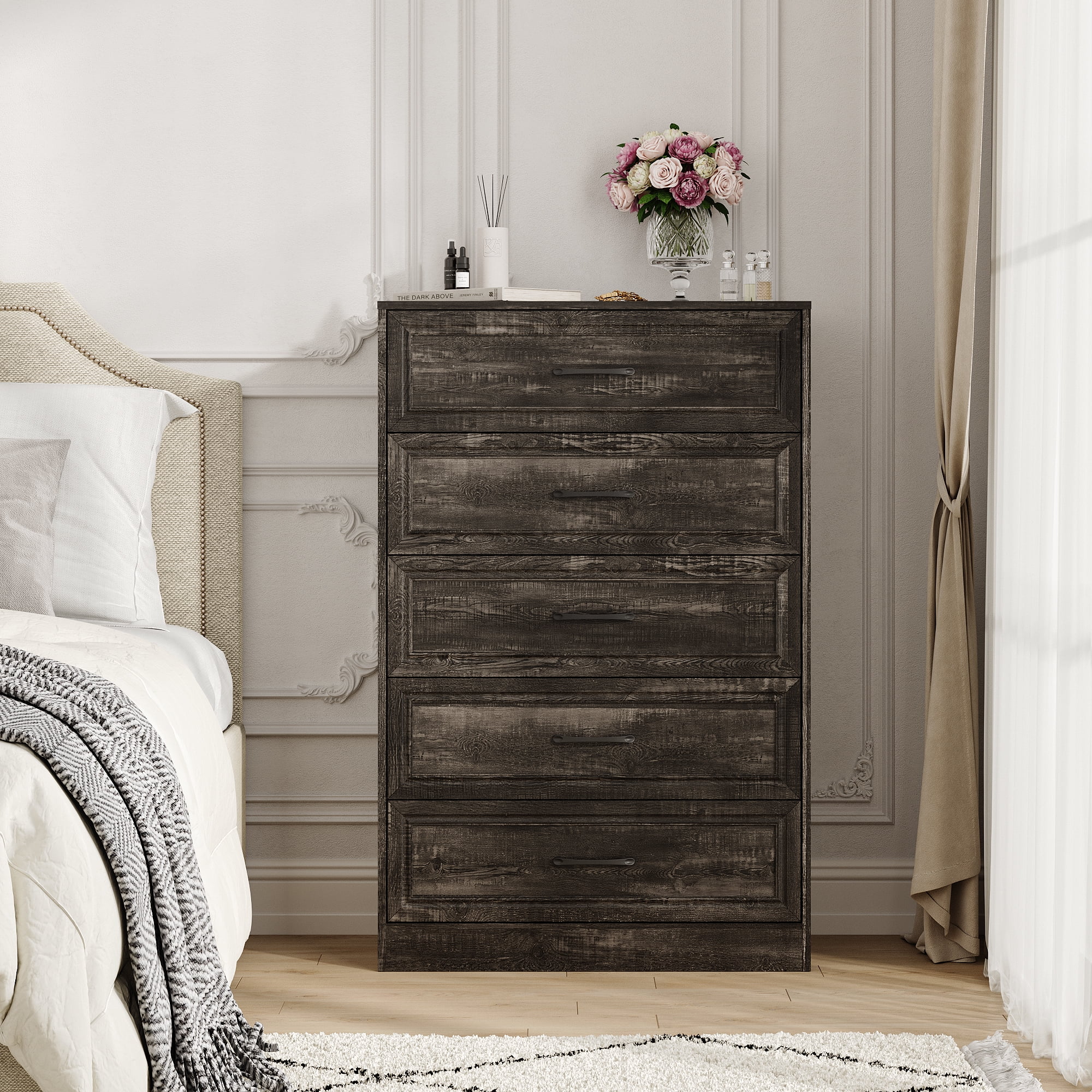 Vabches Farmhouse 5 Drawer Dresser with Metal Handle, Tall Wood Chest of Drawers for Living Room Bedroom,Dark Brown