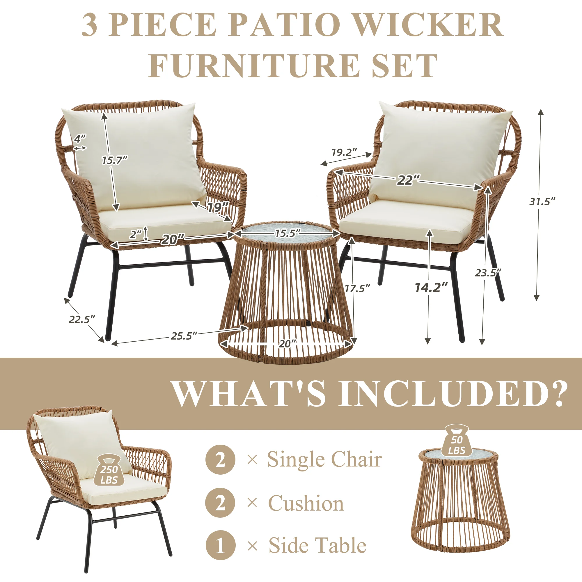 Bezseller 3-Piece Outdoor Wicker Furniture Set, Patio Conversation Set, Gray - Image 22