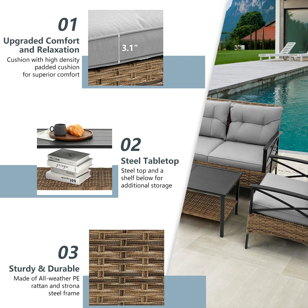 Patio Sofa Set, 4 Pieces Outdoor Sectional Furniture, All-Weather PE Rattan Wicker Patio Conversation Set, Cushioned Sofa Set with Coffee Table for Patio Garden Poolside Deck - Image 6
