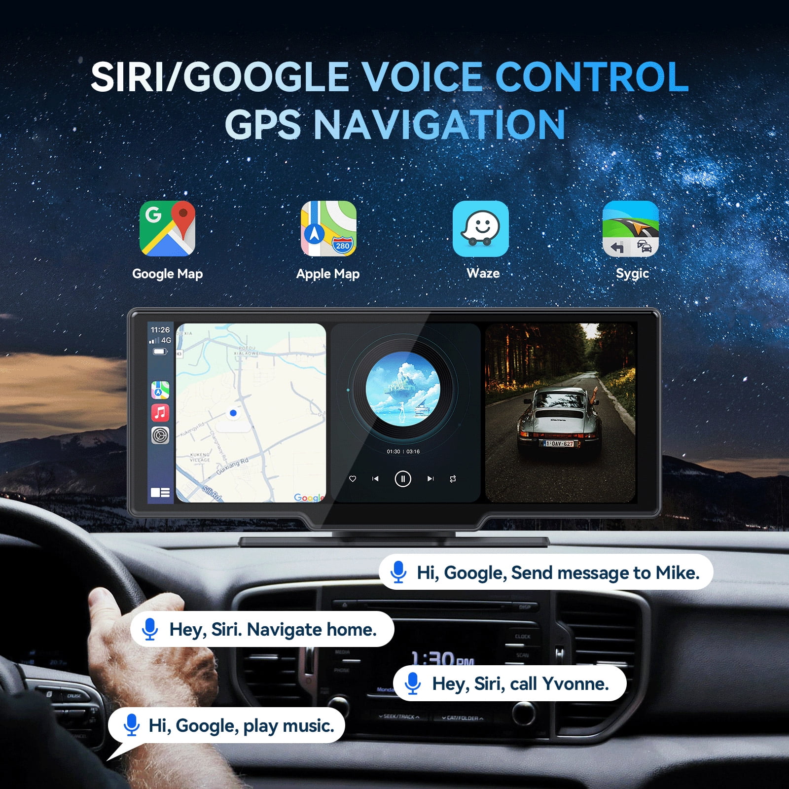 10.26�� Wireless Apple Carplay Screen with Android Auto, 4K Dash Cam, Backup Camera, Bluetooth, GPS, Voice Control - Image 3