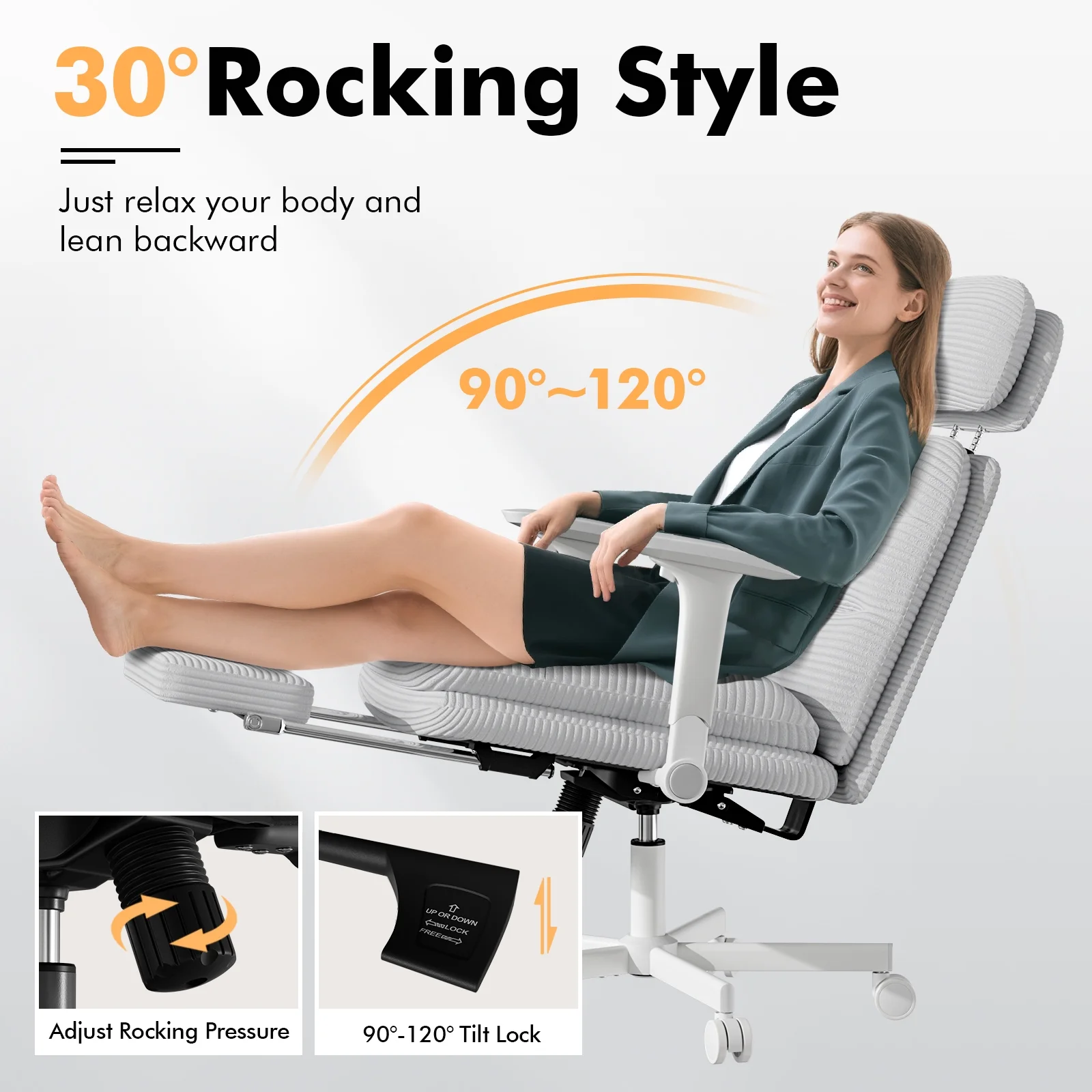 HomeZeer Ergonomic Cross-Legged Office Chair with Footrest & Headrest, Heavy Duty Executive Desk Chair with Flip-up Armrests, Corduroy Fabric Computer Criss Cross Chair for Home Office, Black - Image 16