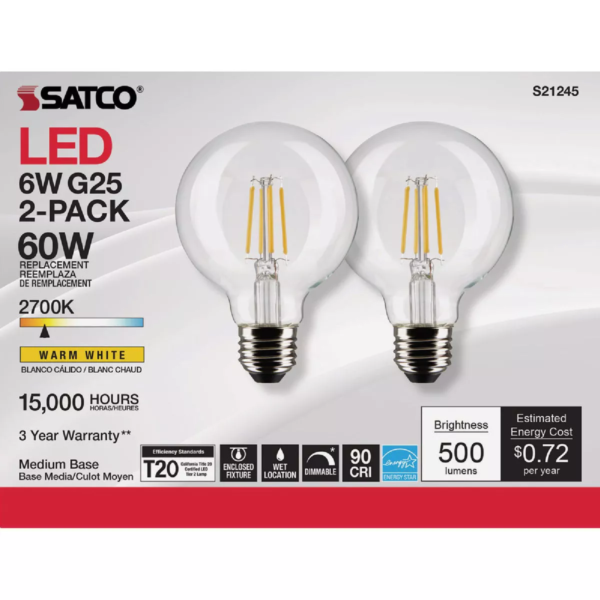 Satco Nuvo 60W Equivalent Warm White G25 Medium Clear LED Decorative Light Bulb (2-Pack)