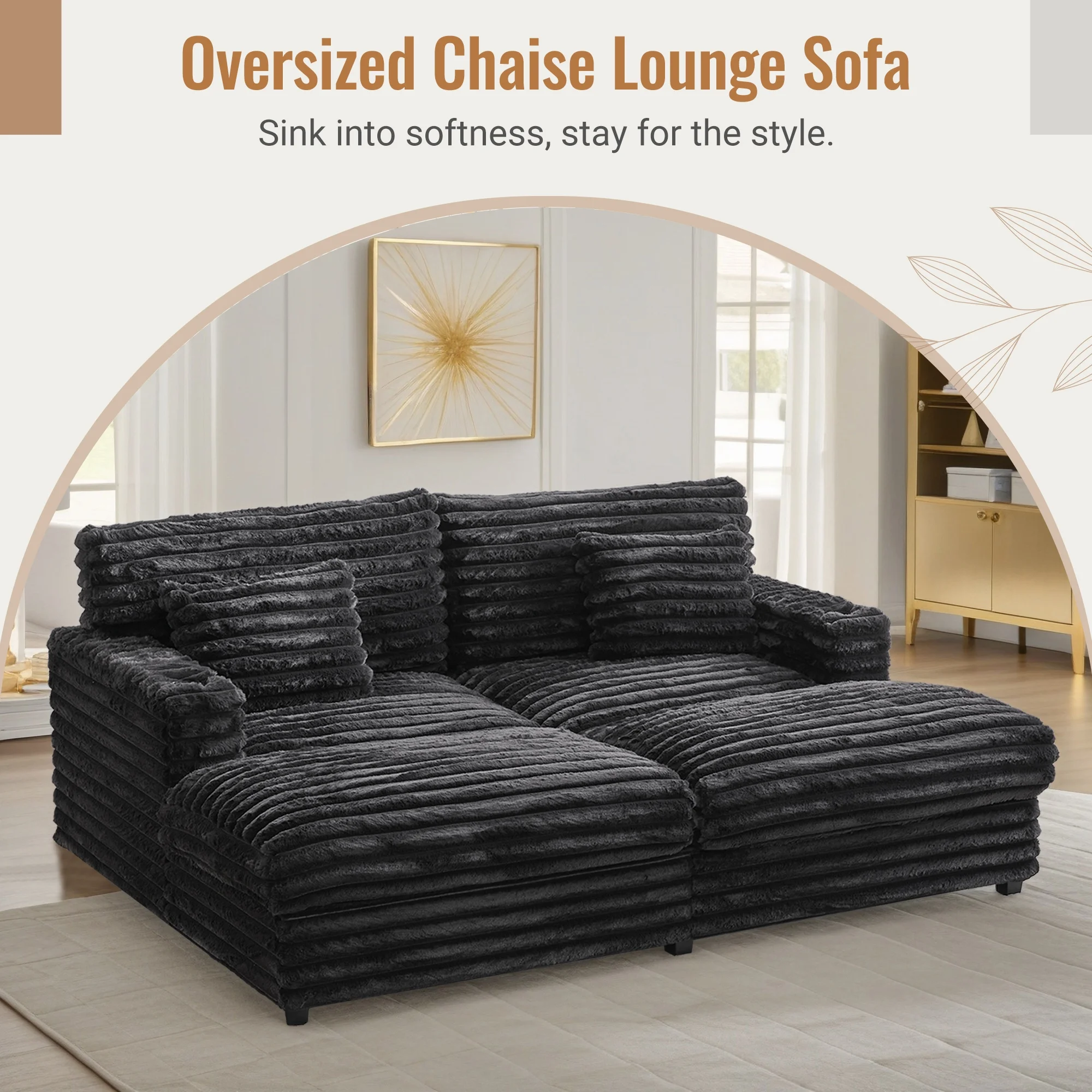 Oversized Double Chaise Lounge, Faux Fur Upholstered Deep Seat Sofa with 2 Pillows, 2 Cupholders, and Dual USB Ports - Image 21