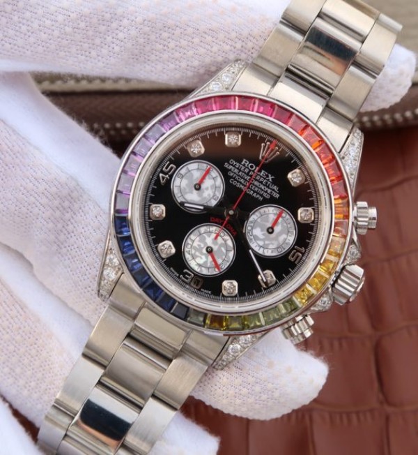 Replica Rolex Daytona 116599 Colorful Crystal Bezel Black Dial SS Bracelet A7750 - Elite Watch Atelier