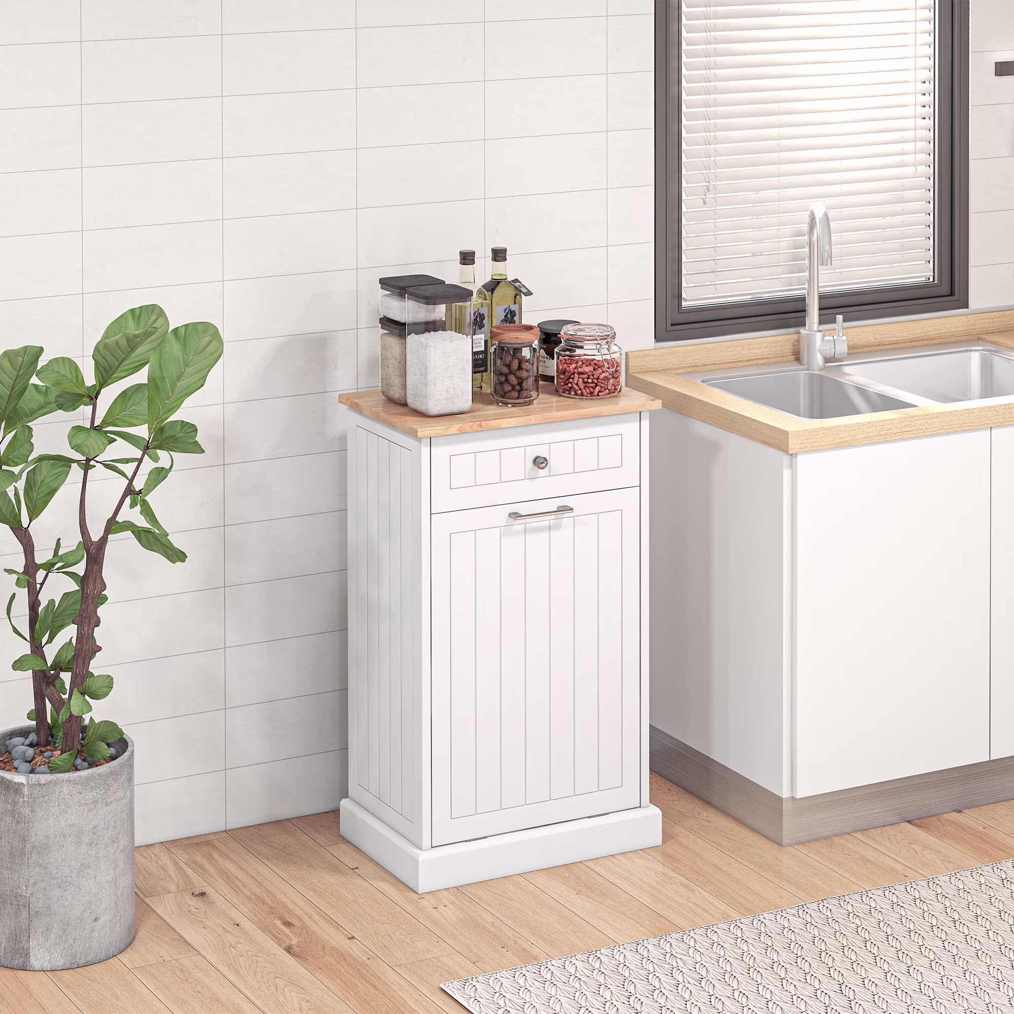 HOMCOM Kitchen Tilt Out Trash Bin Cabinet, Free Standing Recycling Cabinet - Image 7