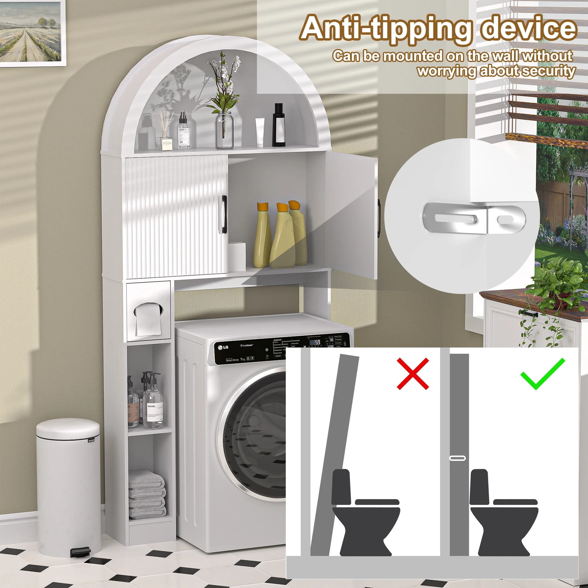 HARIPUL Over The Toilet Storage Cabinet w/ Unique Wood Grain & Arc Design, Freestanding Bathroom Shelf Organizer Space Saver w/ Doors & Anti-Tip Device, Wood Color - Image 36