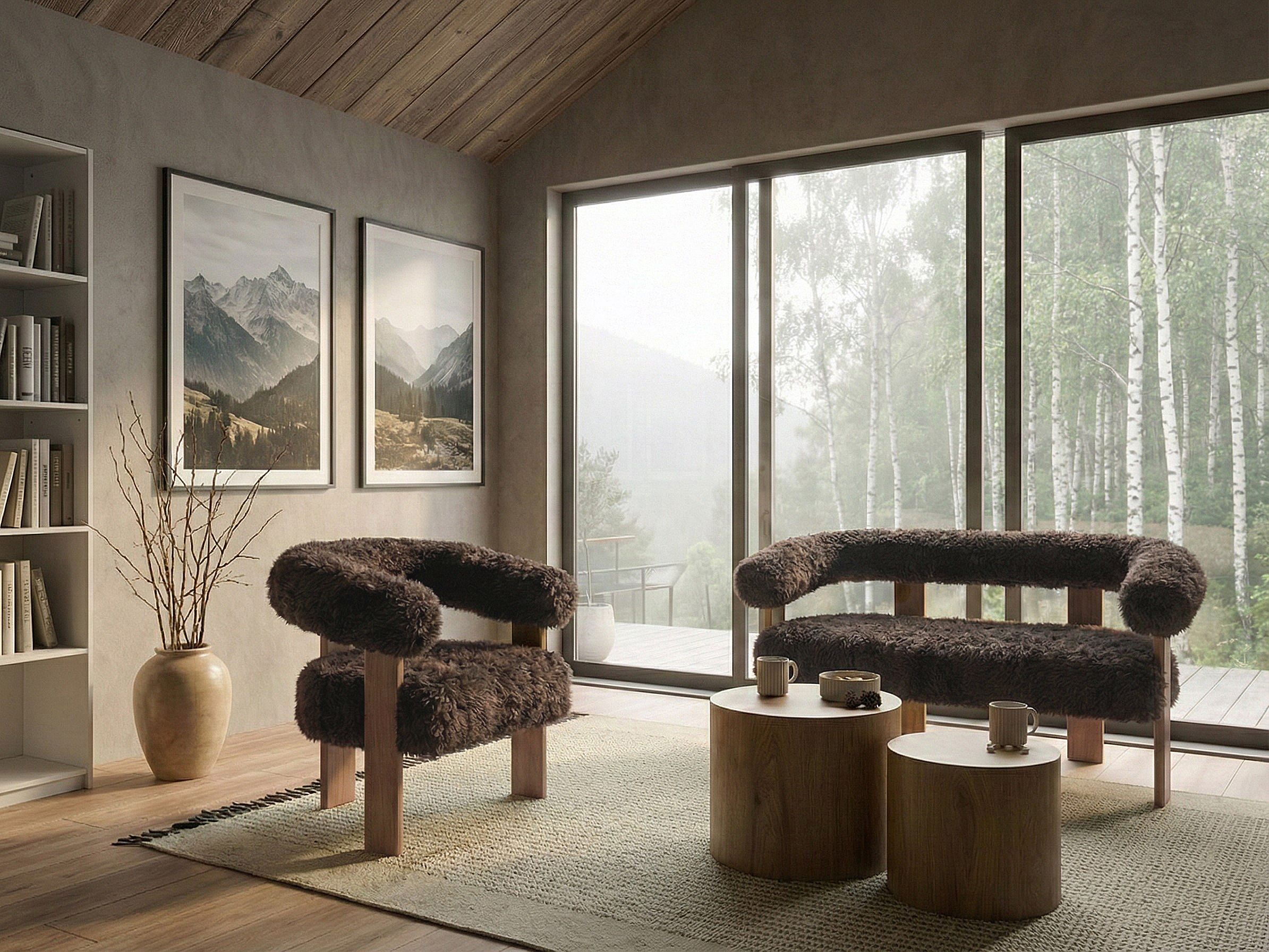 Living Room Set ILBRO Faux Fur Dark Brown/ Light Brown