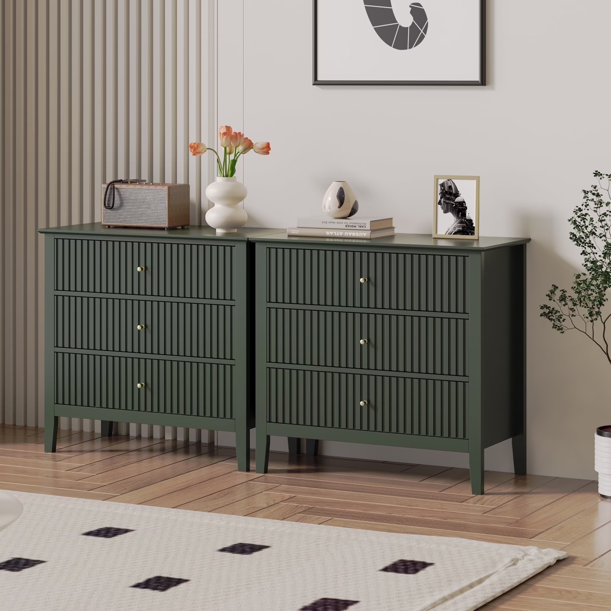 May Color Large White 3 Drawer Dresser Set of 2 with Fluted Panel, Modern Chest of Drawers with Silent Slide Drawers, Wood Accent Nightstand with Storage for Bedroom Living Room, Hallway - Image 12