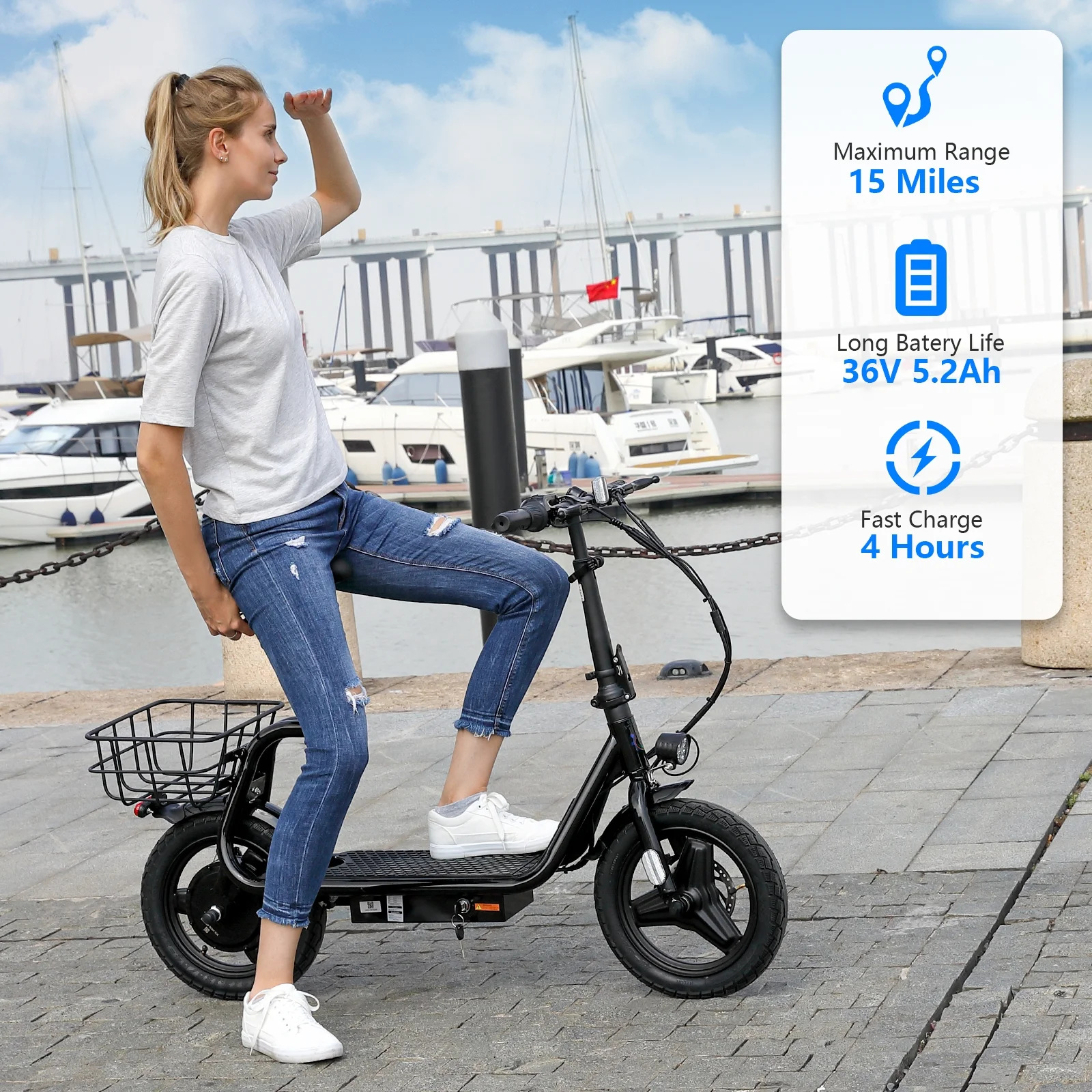 SANOPY 350W Electric Scooter with Seat for Adults, 15 Miles Range 20 Mph, 36V 5.2Ah Battery Moped, 14" Big Tire Commuter Electric Bike with Shock Absorbing, Black - Image 2