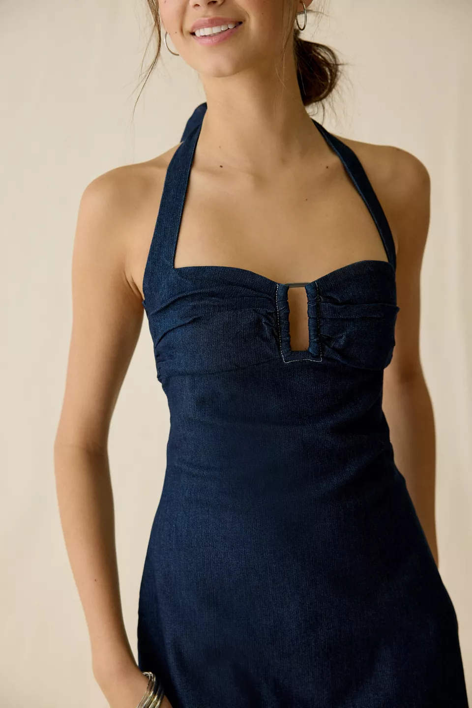 UO Hold Me Close Keyhole Halter Mini Dress - Rinsed Denim