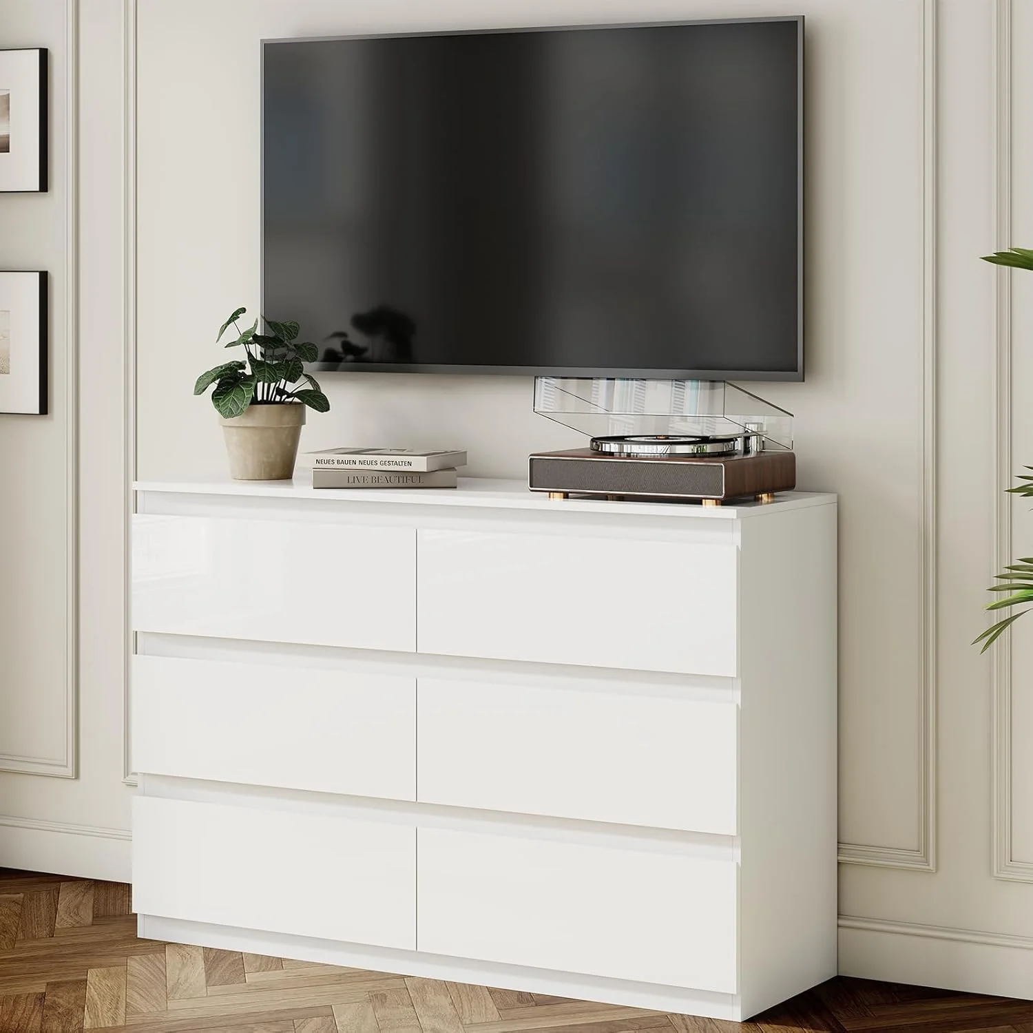 Selooye White Wood Dresser, 6 Drawer Dresser for Clothes Storage,Bedroom, Modern White Dresser with Wide Drawers, Wide Wooden Chest Drawers for Living Room, Entryway, TV Stand - Image 9