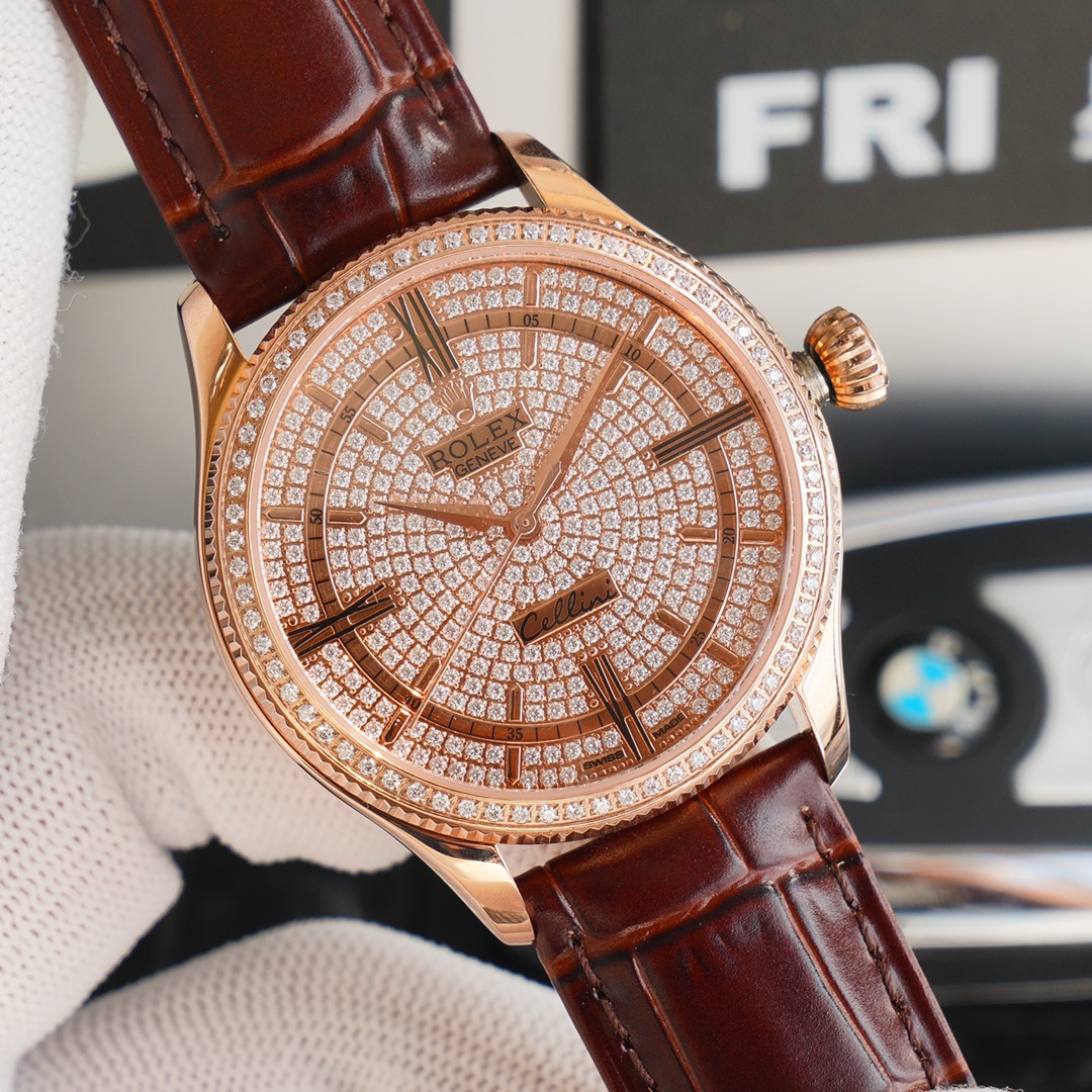 Rolex Cellini Full Star Collection-39.5mm-Imported Italian cowhide leather(1:1 replica) - Elite Watch Atelier