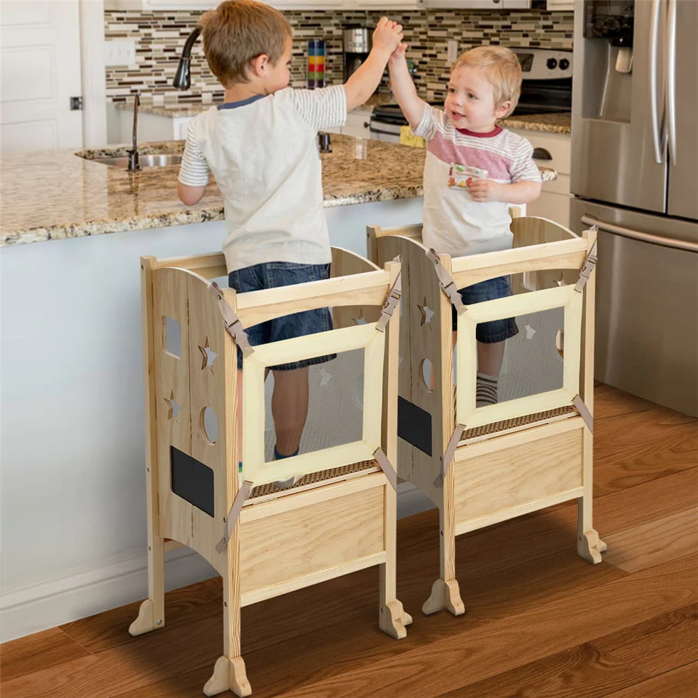 Foldable Toddler Kitchen Step Stool Helper, Adjustable Height Safety Cooking Stool Tower for Toddlers - Image 2