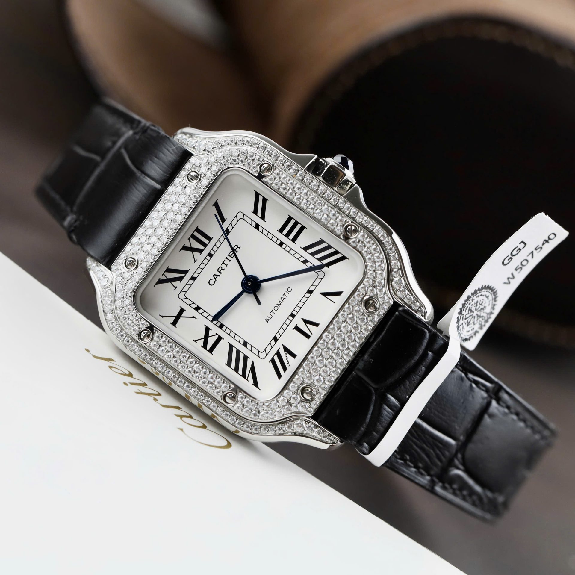 Cartier Santos Women��s White Dial Copies Watches Moissanite Diamonds Custom BV Factory 35.2mm - Top club