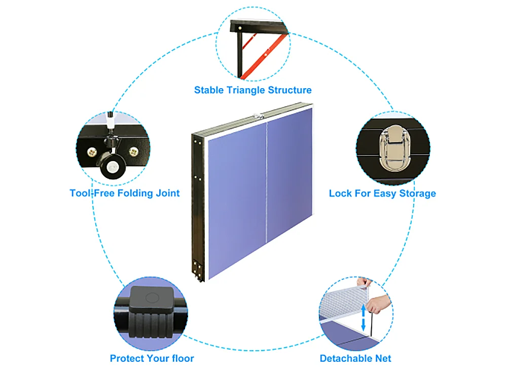 Table de ping-pong pliante portable, surface MDF antidérapante, bleu, avec filet, 2 raquettes et 3 balles (137.2x76.2x66cm)