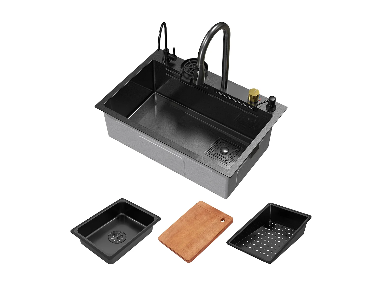 Évier de cuisine encasté multifonctions robinet douchette 68x46 cm anthracite