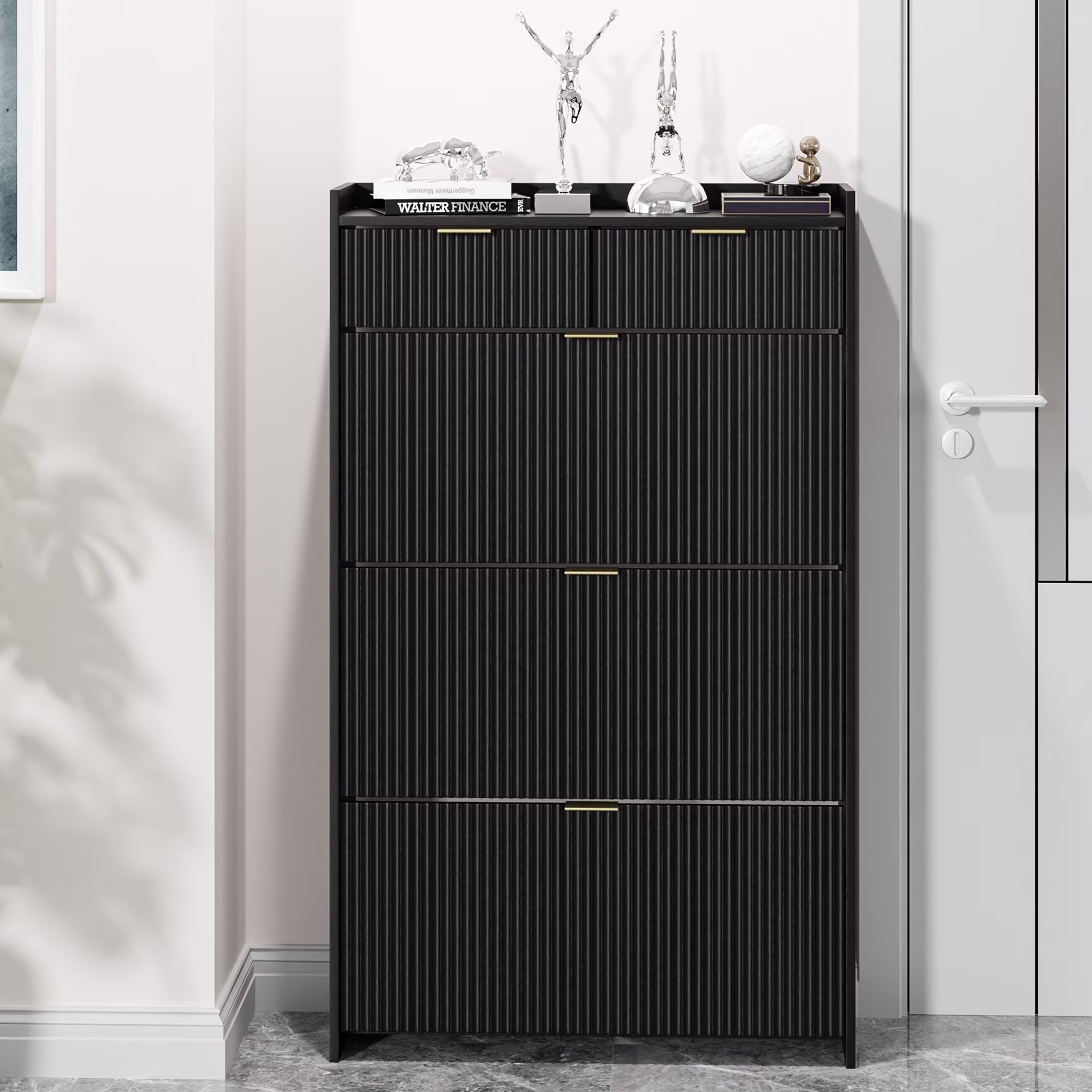 Shoe Cabinet, Free Standing Tipping Bucket Shoe Rack Organizer with 3 Flip Drawers, Modern Entryway Narrow Shoe Rack with 2 Drawers & Top Storage, for Hallway Bedroom, Walnut - Image 3
