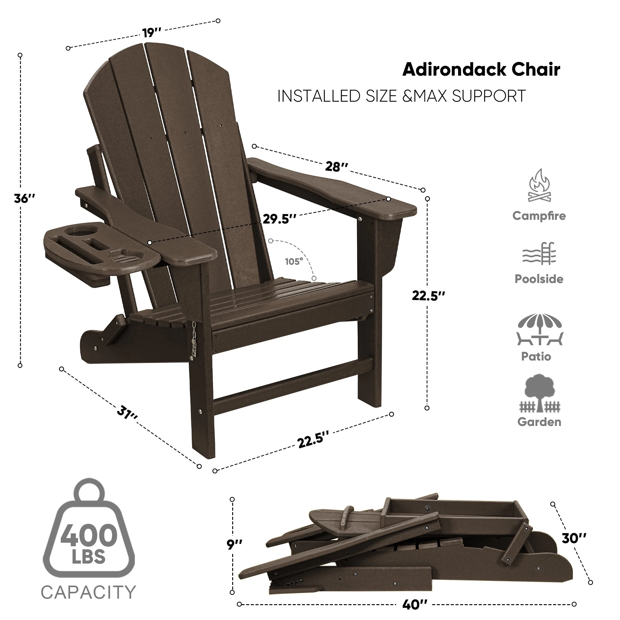 FOOWIN HDPE Plastic Adirondack Chairs Set of 4, Black - Image 67