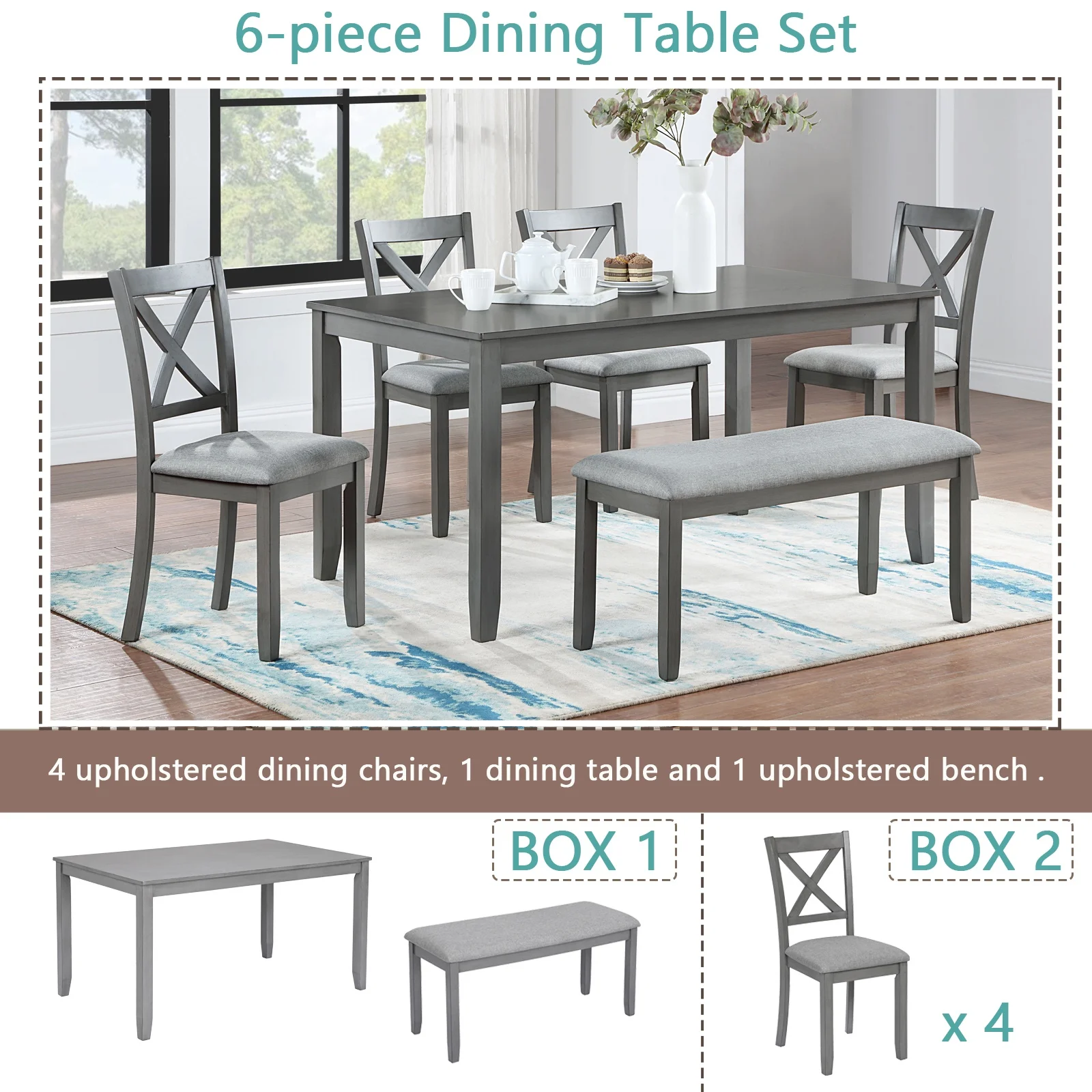 Dining Room Set, LEGAHOME 6 Piece Dining Sets with Bench and Chairs, Solid Wood Kitchen Dining Table Set for 6 with Upholstered Chairs, Gray - Image 38