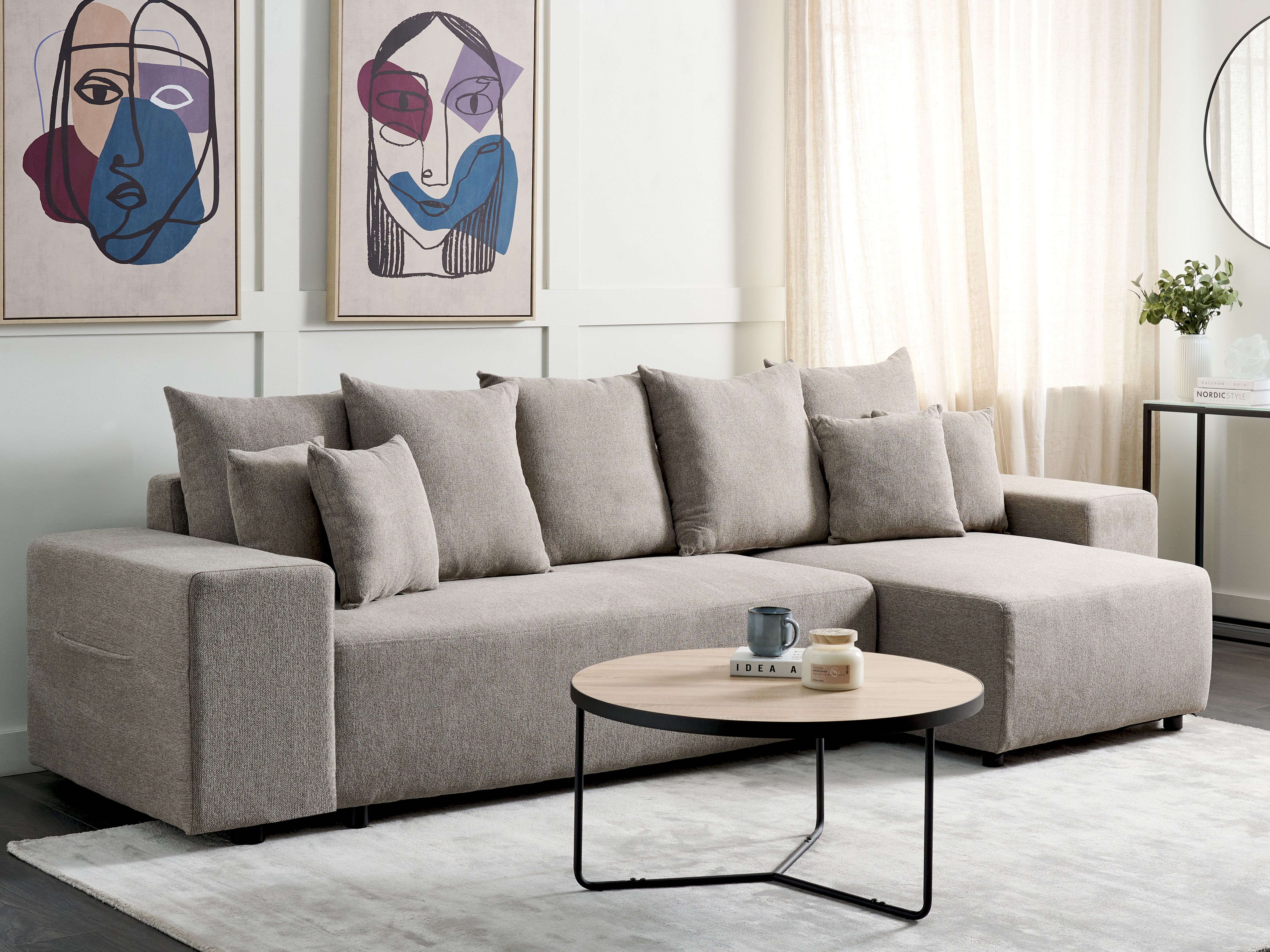 Corner Sofa Bed 3 Seater LUSPA Fabric Taupe with Storage Left Hand