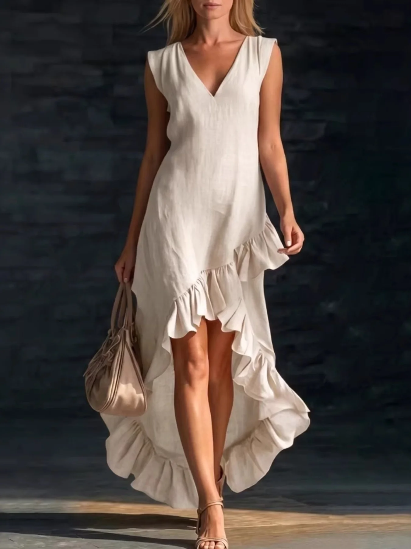 Sleeveless V-Neck Ruffle Hem High-Low Dress - ZKZOOK