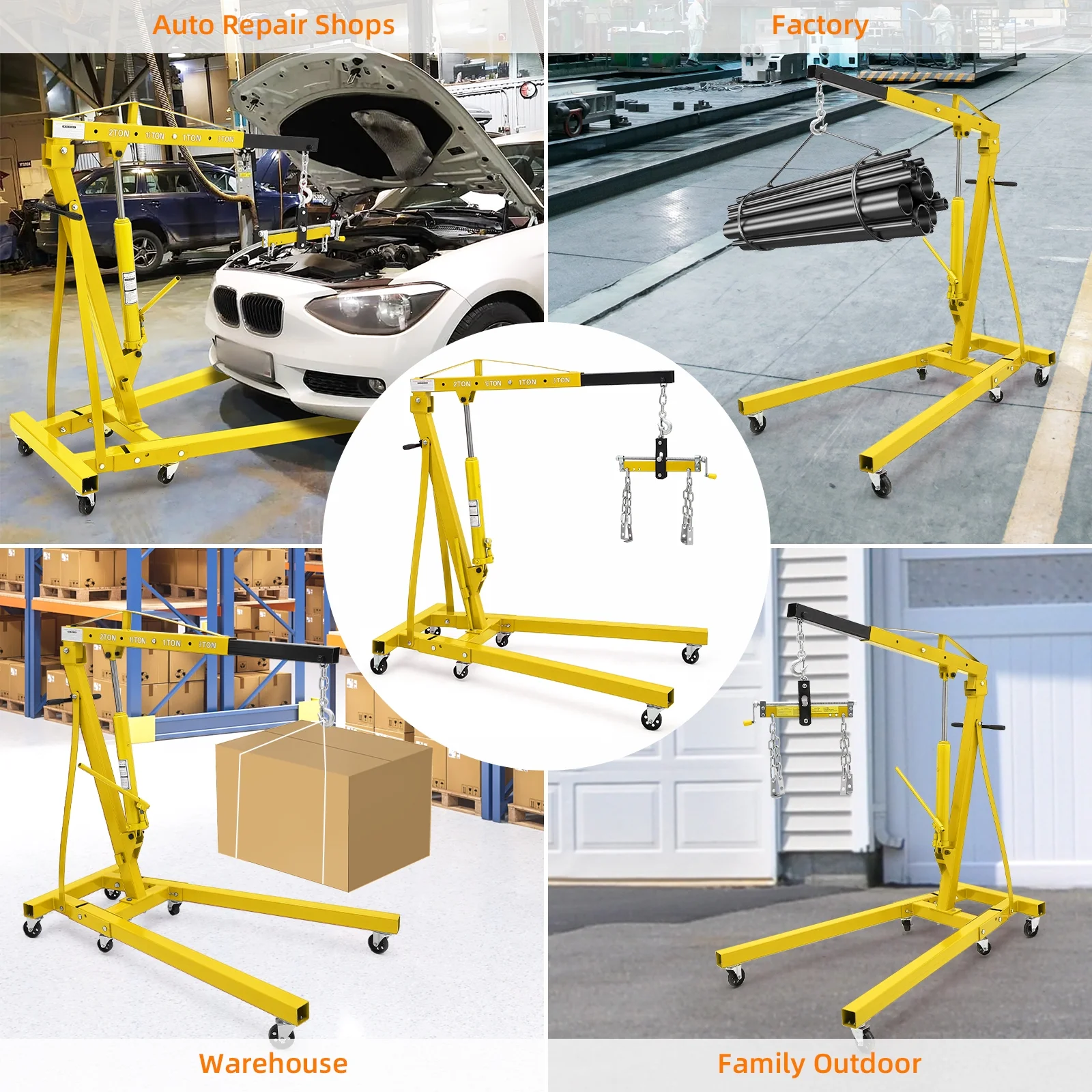 JoanKaren Hydraulic Engine Hoist,4400lbs Max Weight,Folding Engine Lift Shop Crane with Lever and 6 Steel Caster Wheels,Yellow - Image 9