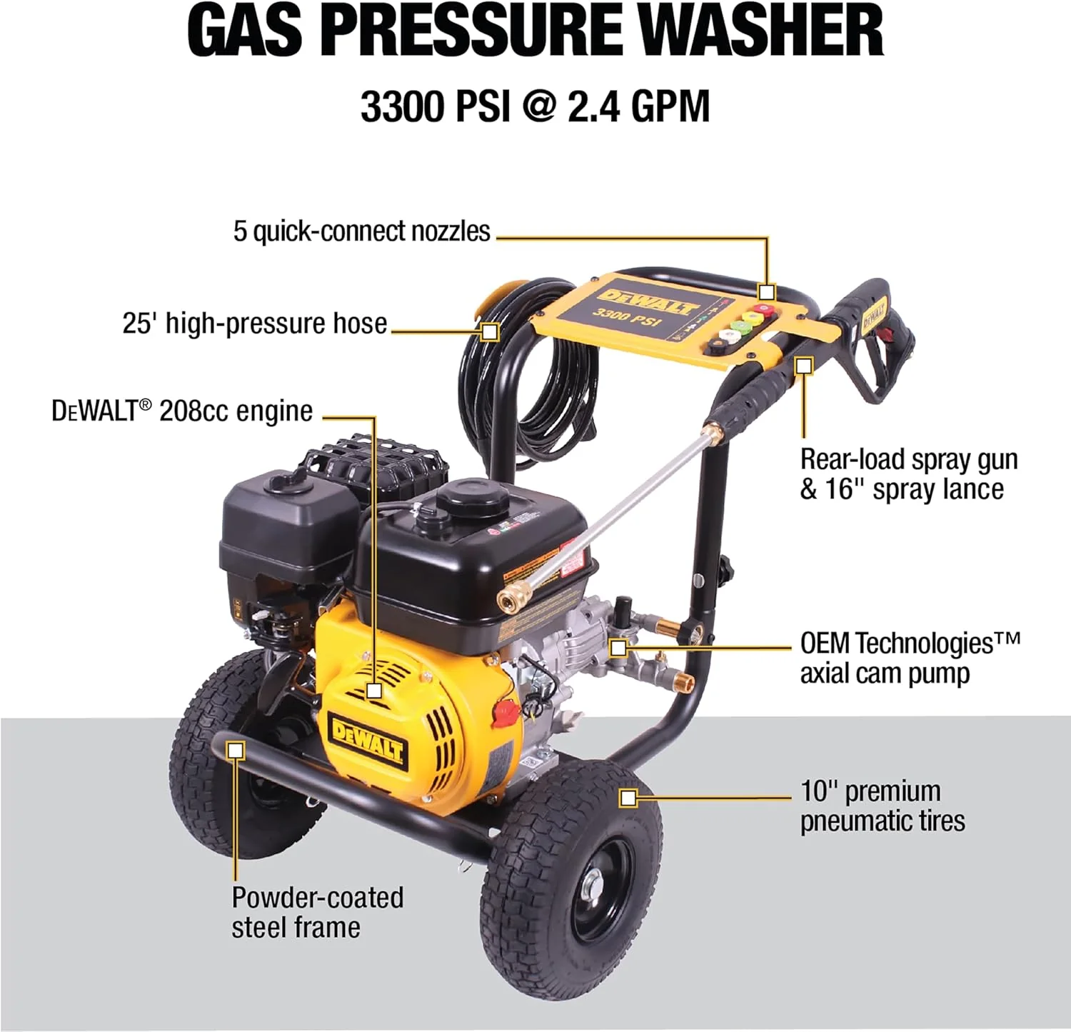 DeWalt Gas Pressure Washer 3300 PSI 2.4 GPM With 25-ft Hose And 5 Nozzles - DXPW3300-S - Image 2 DeWalt Gas Pressure Washer 3300 PSI 2.4 GPM With 25-ft Hose And 5 Nozzles - DXPW3300-S - Image 2