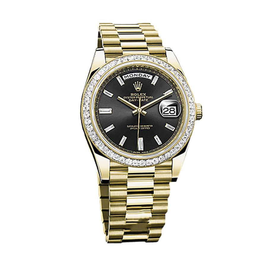 Rolex Day-Date 228398TBR Yellow Gold   Diamonds Black Dial Replica - Elite Watch Atelier