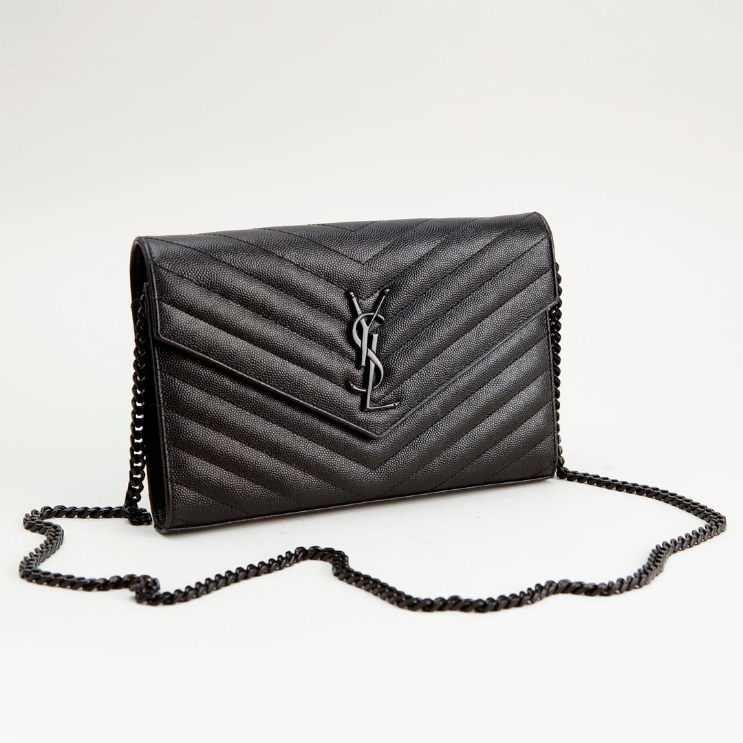 Saint Laurent Cassandre Envelope Chain Wallet in Matelassé Leather – So Black - COZYMIZE