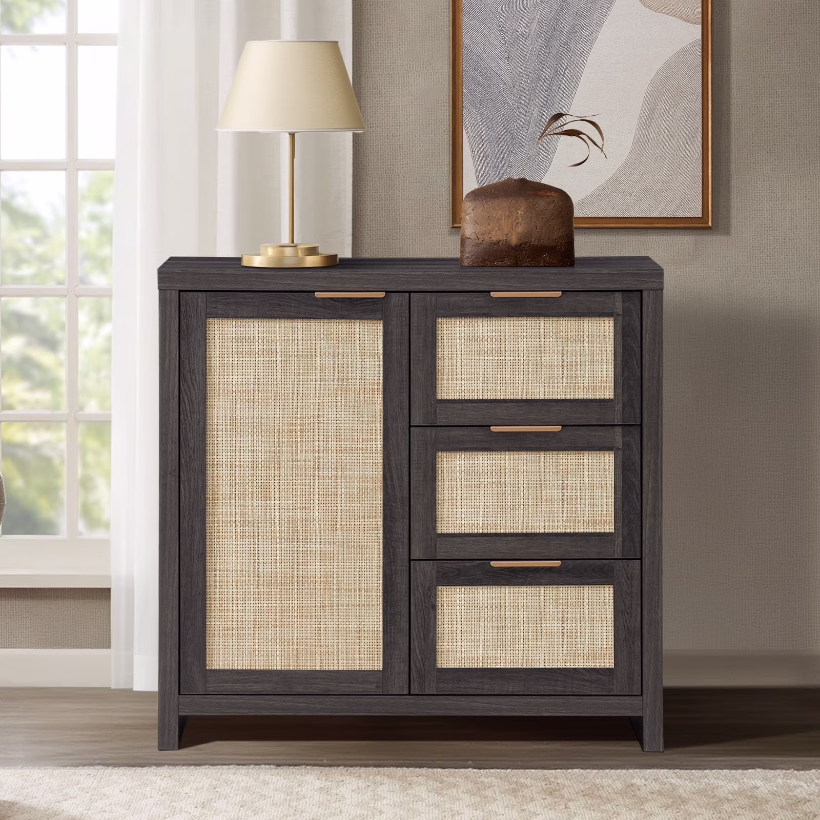ARKANTOS Sideboards and Buffets, Boho Storage Cabinets with Rattan Doors and Drawers, Natural Oak - Image 3