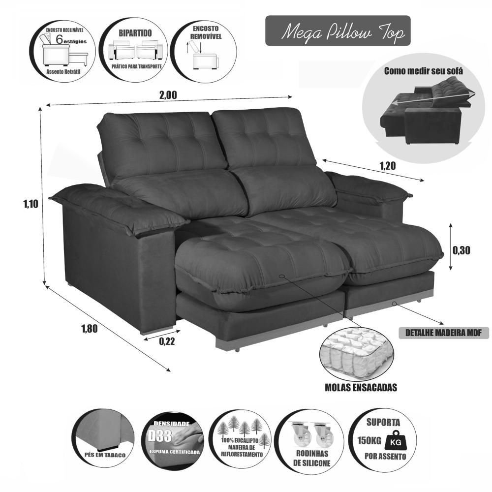 Sofá 2 Lugares 2,00m Retrátil e Reclinável Milano Bom Pastor Linho Cinza