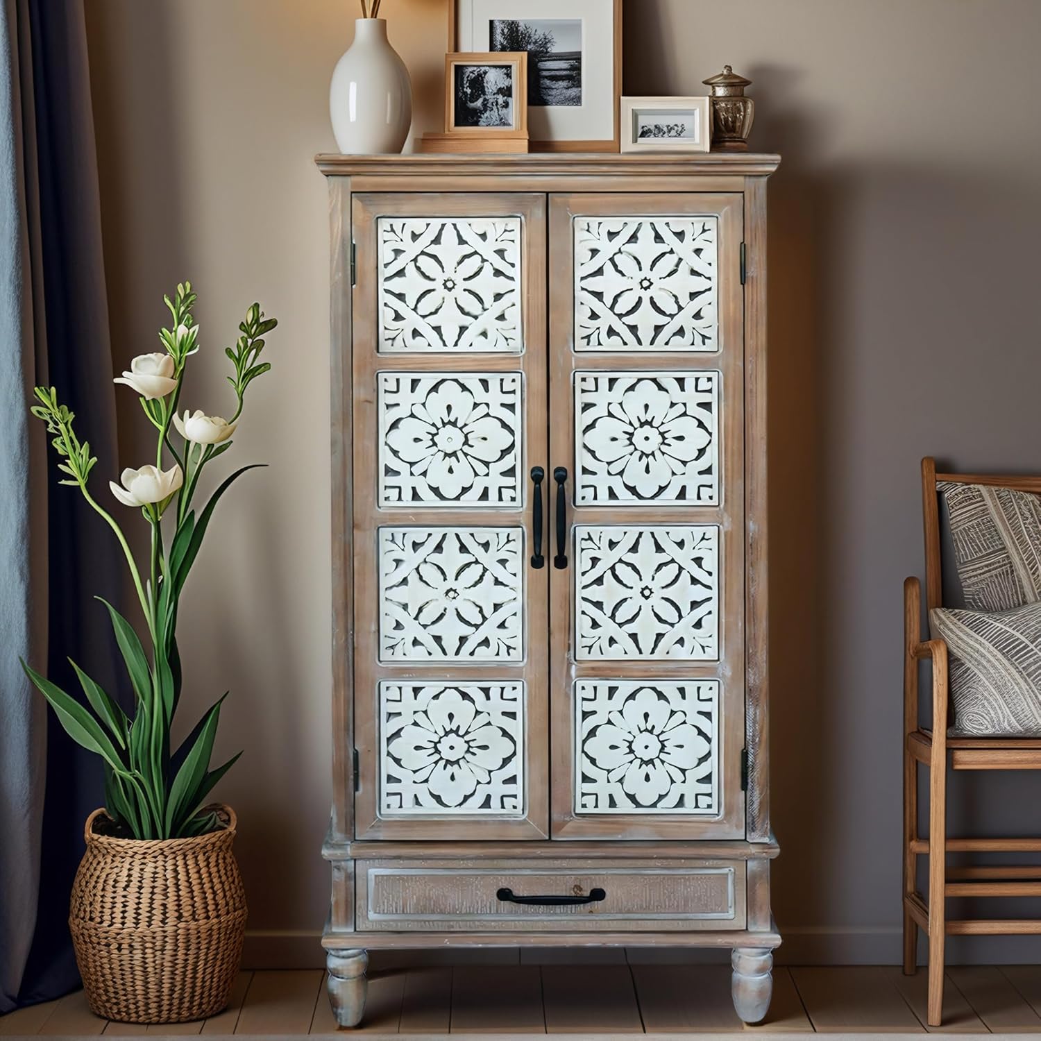French Country Side Cabinet - Vintage 2 Door Wood Cabinet with Storage, Accent Furniture for Living Room, Kitchen & Entryway, Tall Cabinet Storage (55.11