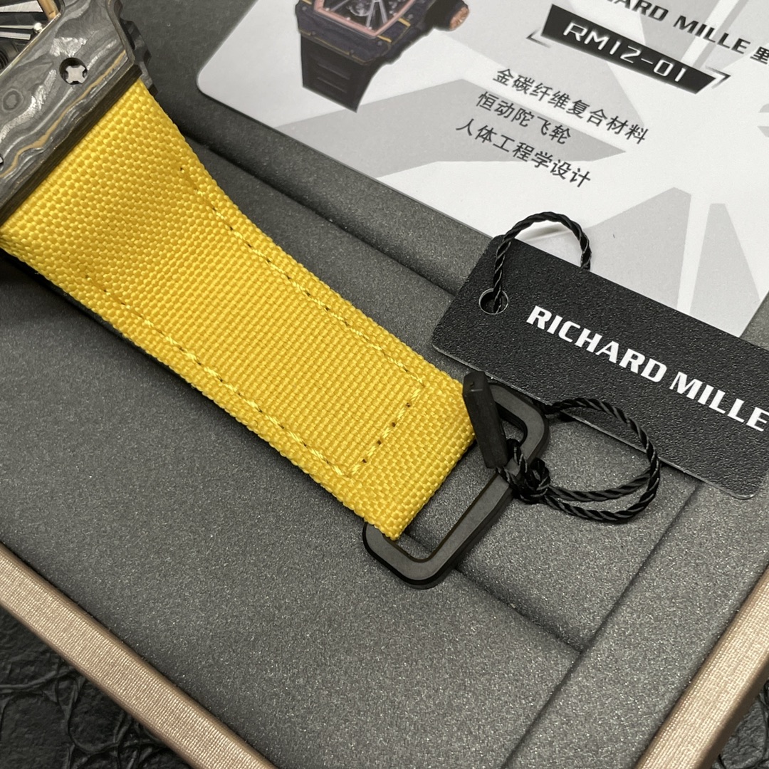 Swiss Replica Richard Mille RM 12-01 Tourbillon Watch �C Bold Yellow Fabric Strap, Carbon Fiber Barrel Case, Skeleton Dial - Top club