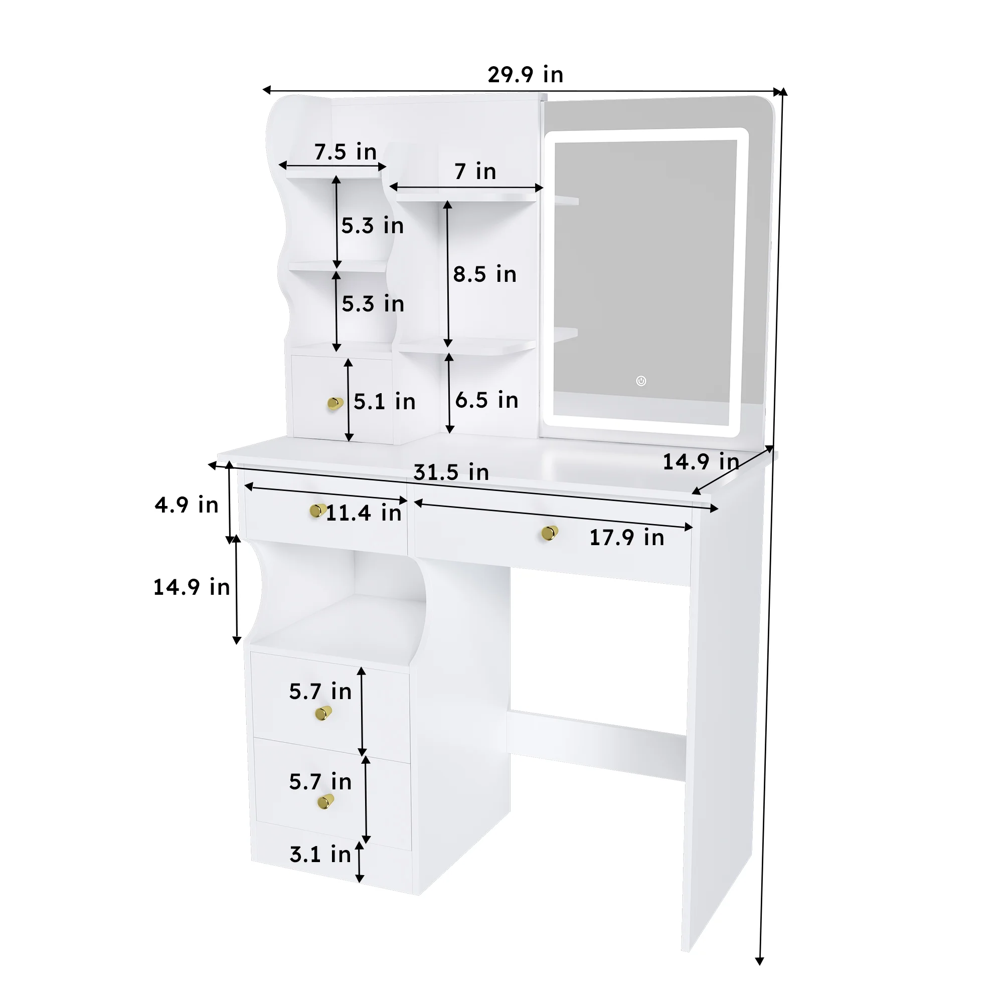 Montary Modern Mini Vanity w/Adjustable LED Mirror + Hidden Storage, Padded Stool & Dustproof Shelves (White) - Image 39