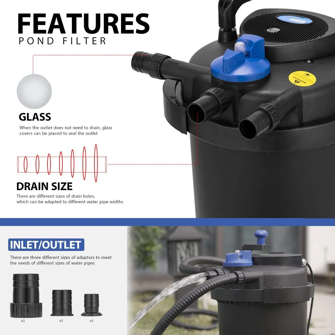 SPECSTAR Pressurized Biological Pond Filter with 13-watt Light, 1580 GPH Suitable for Koi Ponds up to 800 Gallons or Ornamental Ponds up to 1600 Gallons - Image 12