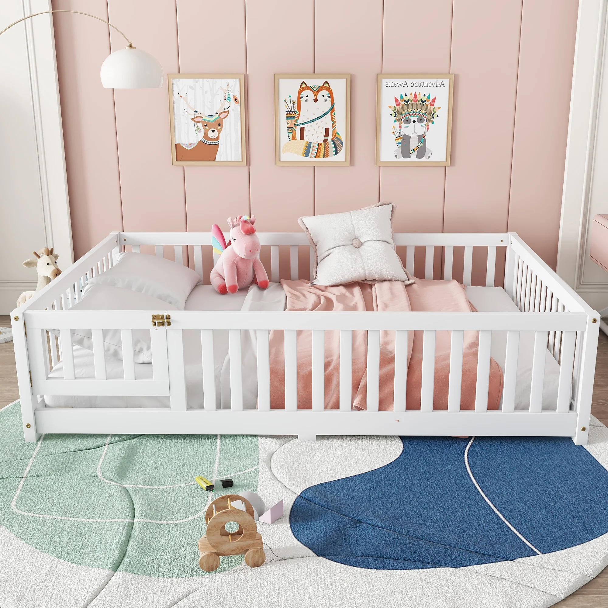 Bellemave Full Size Floor Bed with Door and Fence Floor Bed with Bed Slats Sturdy Wood Floor Bed Montessori Bed Frame (Full, Pink) - Image 31