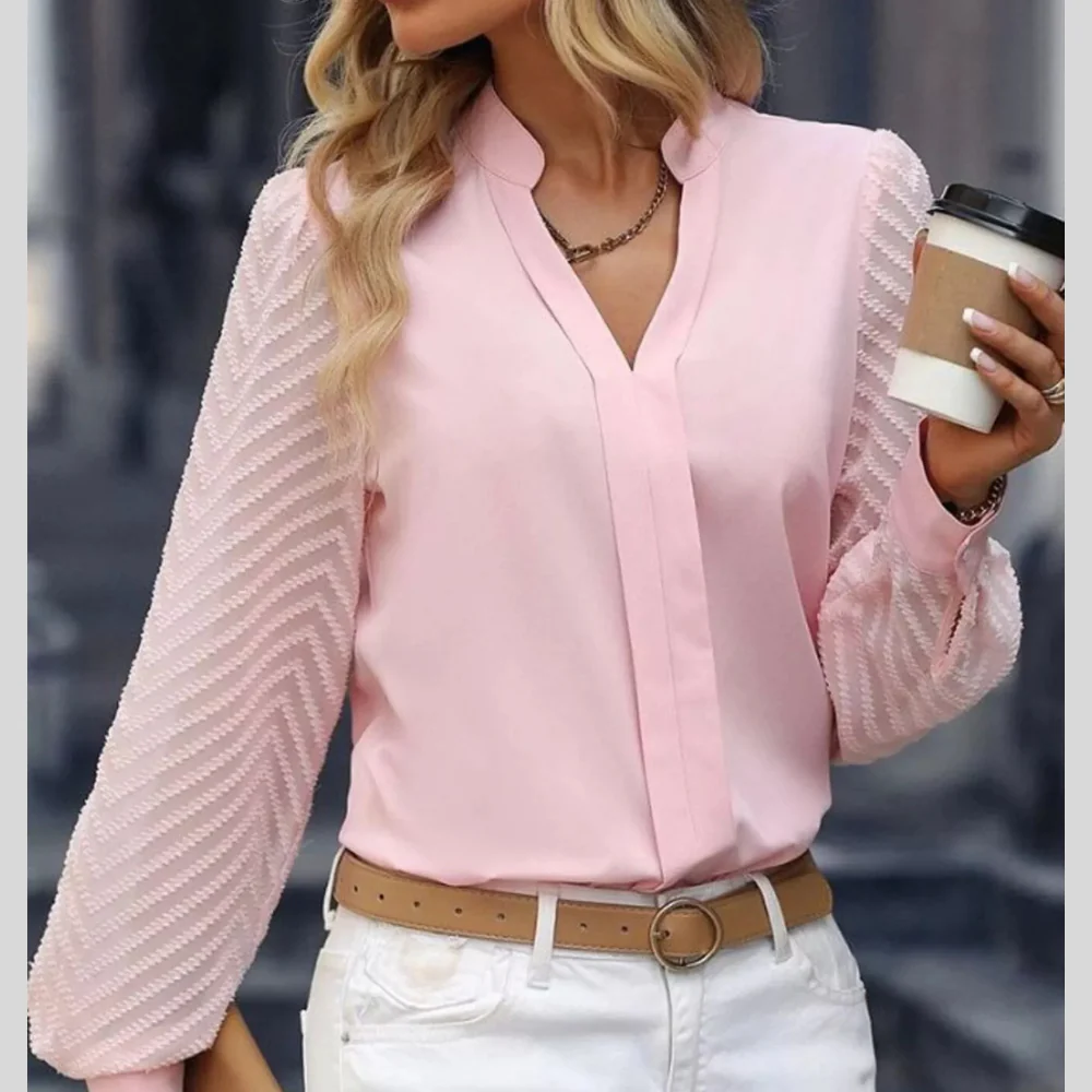 Long Sleeve Blouse with Notched Neckline - ZKZOOK