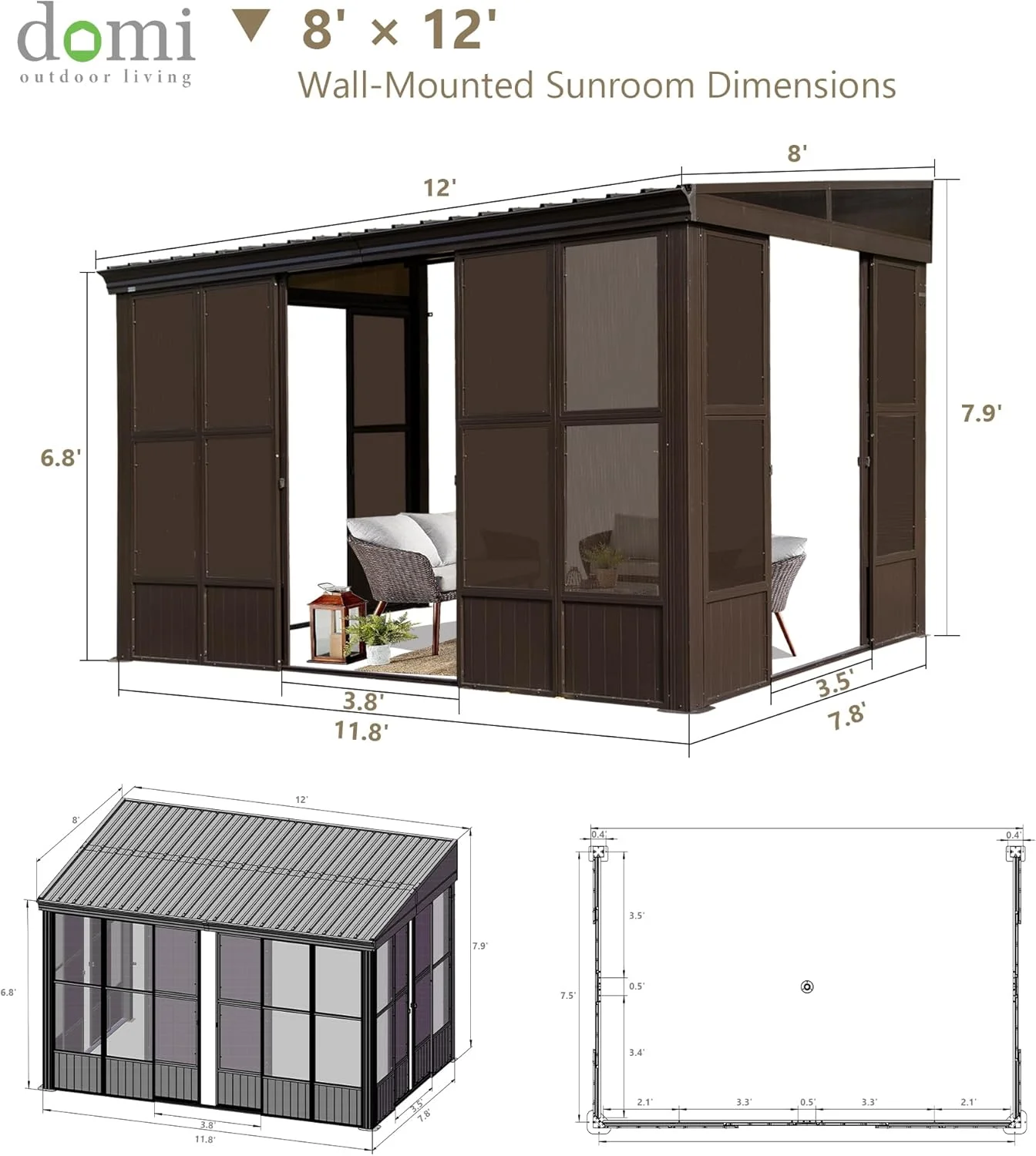 TOTAL Outdoor 10'x12' All-Season Sunroom Gazebo with Steel Roof, PVC Screen, Front & Side Door, Brown - Image 48