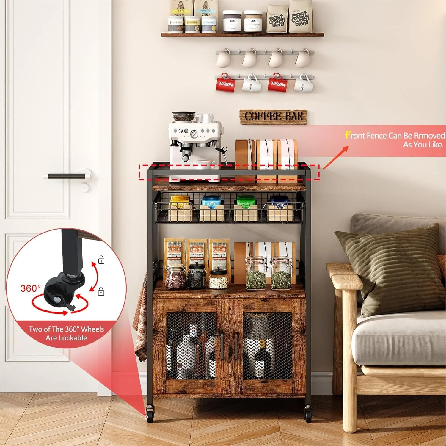 Coffee Bar Cabinet, 3 Tier Coffee Station Table on Wheels, 35.9