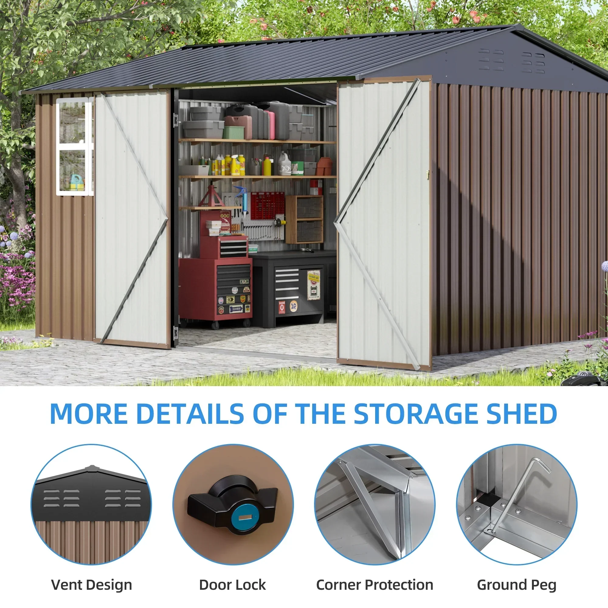JAXPETY 10 x 10 ft Outdoor Metal Storage Shed With Window And Lockable Door - Brown - Image 8 JAXPETY 10 x 10 ft Outdoor Metal Storage Shed With Window And Lockable Door - Brown - Image 8