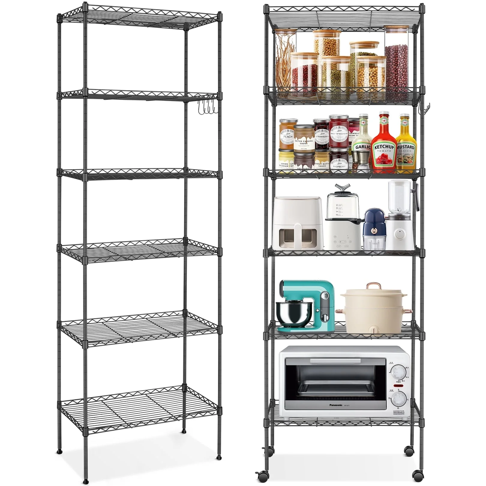 6-Tier Shelf Rack Wire Shelving Unit Storage Height Adjsutable Metal Shelf with 4 Side Hooks, 260lbs Capacity Free Standing Rack Organization for Kitchen Bedroom Garage