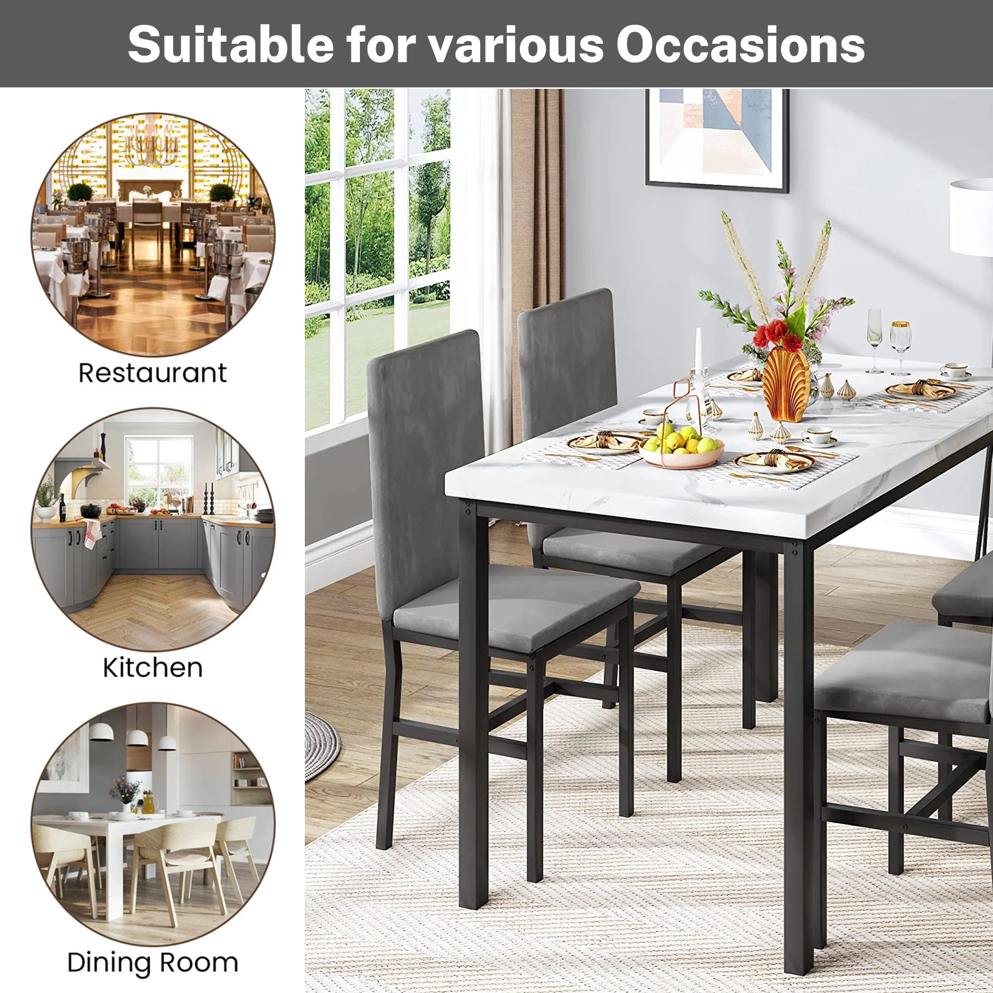 5 Piece Dining Set, Modern Dining Table and Chairs Set for 4, Counter Height Bar Table Set, Modern Pub Table with 4 Velvet Fabric Cushioned Stools, Faux Marble Dining Table & Stools Set, D9297 - Image 15