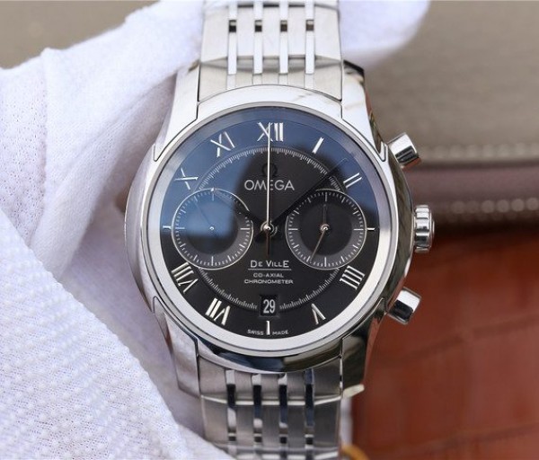 Replica Omega OMF De Ville Chronograph 42mm Black Dial SS Bracelet A9300 - Elite Watch Atelier